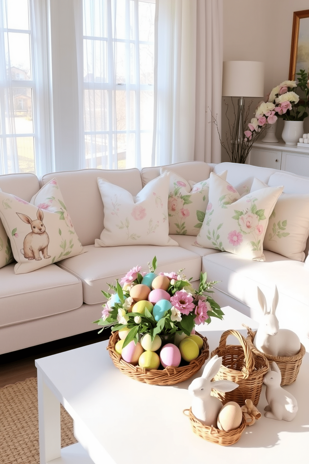 A cozy living room adorned with spring-themed throw pillows in pastel colors, featuring floral patterns and soft textures. The pillows are arranged on a plush white sofa, complemented by a light, airy atmosphere created by sheer curtains letting in natural light. Easter decorations are tastefully displayed throughout the room, including a beautifully arranged centerpiece on the coffee table with colorful eggs and fresh flowers. Delicate bunny figurines and soft, woven baskets add a charming touch to the overall festive ambiance.