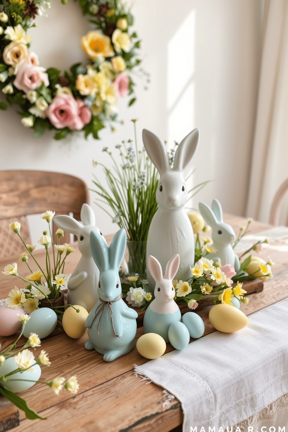 A charming Easter display featuring decorative ceramic bunnies in various sizes and colors. The bunnies are arranged on a rustic wooden table, surrounded by pastel-colored eggs and spring flowers in soft hues. In the background, a light, airy tablecloth complements the festive theme, while a wreath of fresh greenery and blooms hangs on the wall. Soft, natural lighting enhances the cheerful atmosphere, making the scene inviting and perfect for celebrating the holiday.