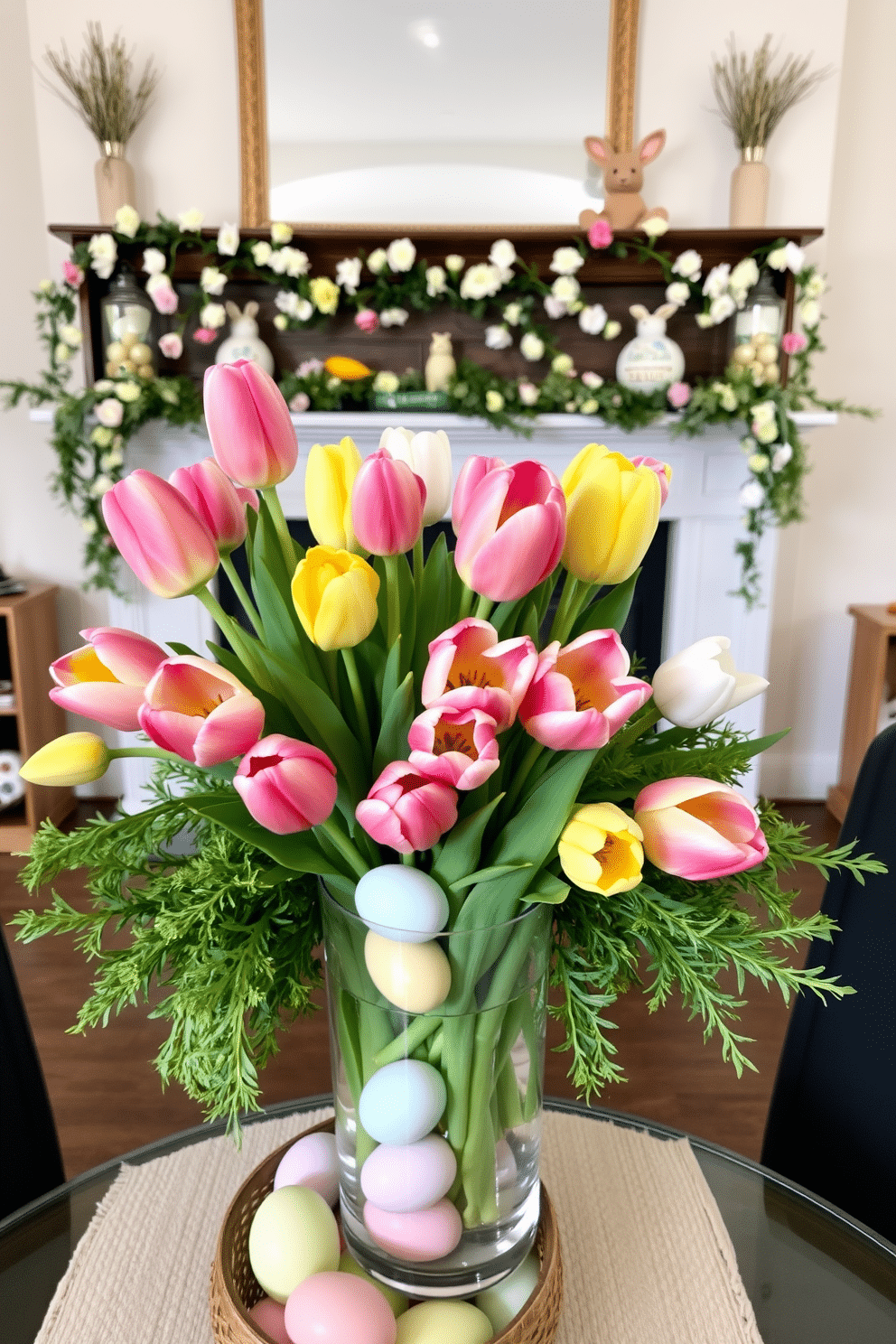 A vibrant tulip flower arrangement sits in a sleek glass vase, showcasing a mix of bold pink, yellow, and white blooms. The arrangement is complemented by lush green foliage, creating a fresh and inviting centerpiece for a dining table. Easter decorations transform the living room into a festive space, featuring pastel-colored eggs nestled in a decorative basket. Delicate garlands of spring flowers drape over the mantel, while a cheerful bunny figure adds a whimsical touch to the overall decor.