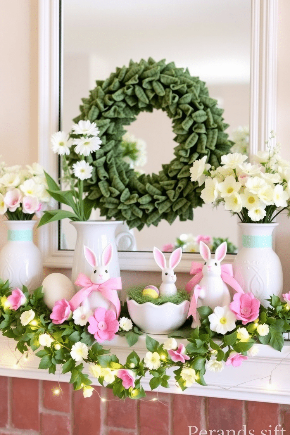 A charming Easter-themed mantel decor showcases a pastel color palette with soft pink and mint green accents. Delicate floral arrangements in ceramic vases are complemented by whimsical bunny figurines and colorful Easter eggs nestled among lush greenery. The mantel is adorned with a garland of faux flowers and ribbon, creating a festive atmosphere. Twinkling fairy lights are draped along the edges, adding a warm glow to the cheerful display.