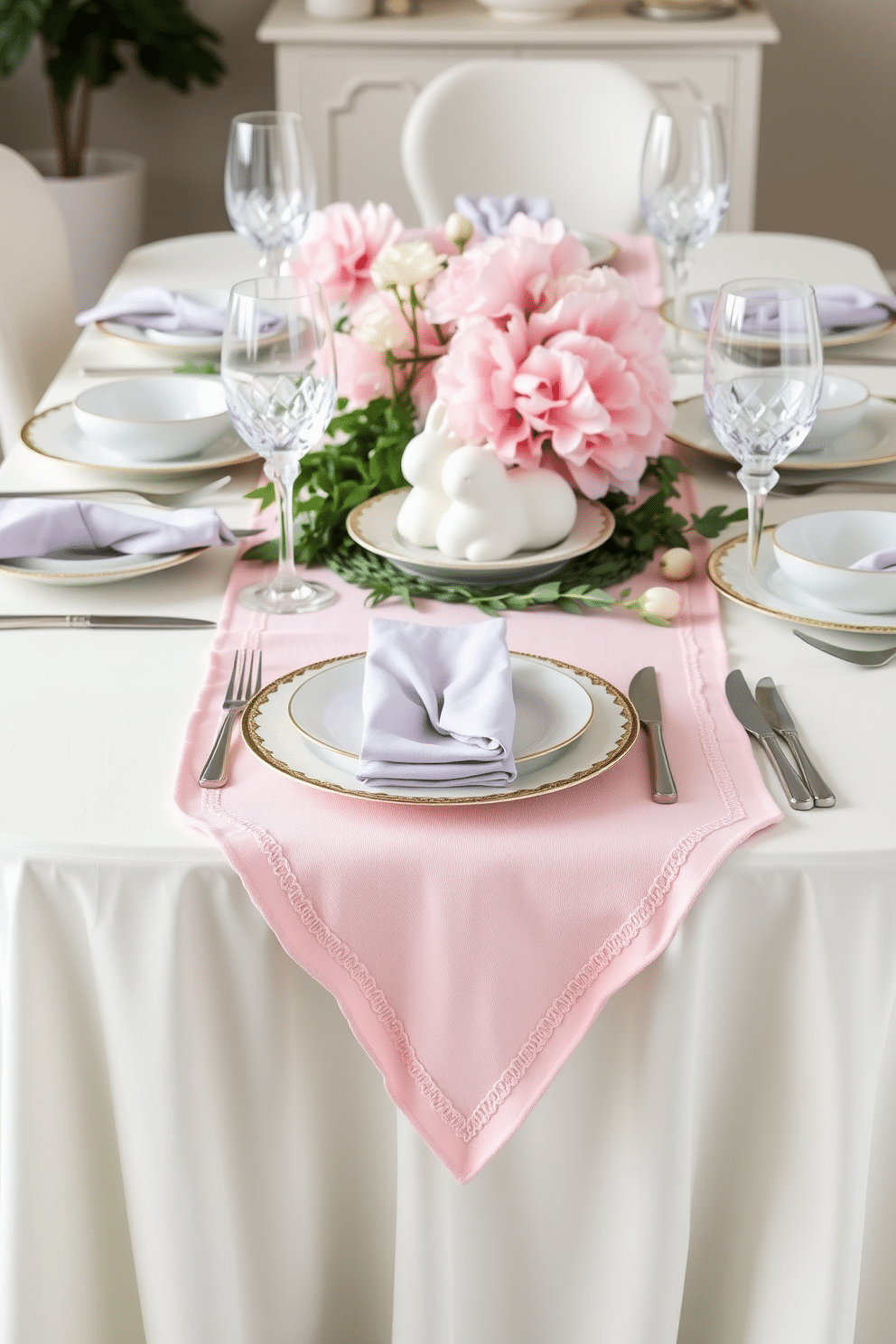 A beautifully set dining table adorned with pastel-colored table runners that cascade elegantly over the edges. The soft hues of pink, lavender, and mint green complement delicate ceramic dishes and sparkling glassware, creating a cheerful and inviting atmosphere for Easter celebrations.