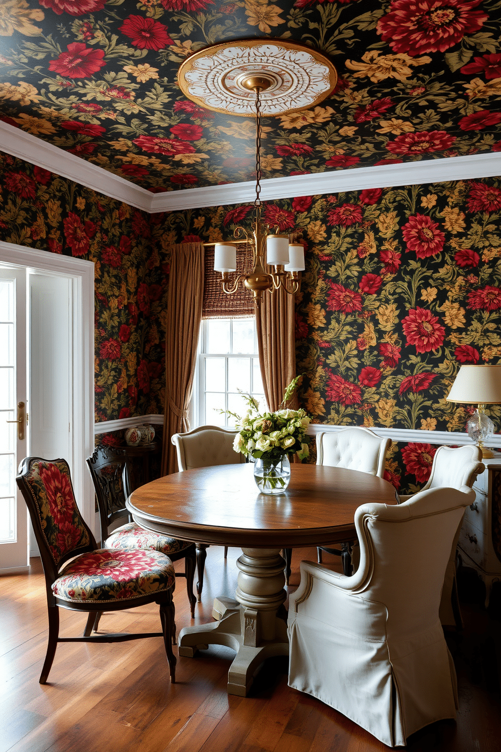 A vibrant dining room adorned with bold patterned wallpaper featuring intricate floral designs in rich colors. The space is furnished with vintage furniture, including a distressed wooden table surrounded by mismatched upholstered chairs that add character and charm.