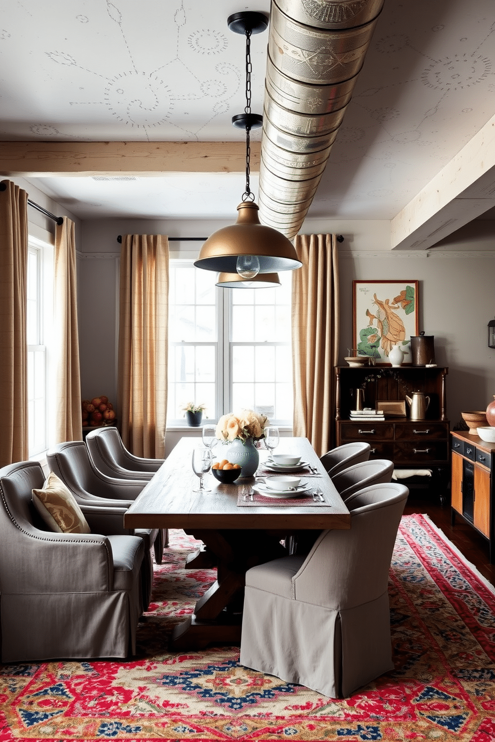 Industrial lighting paired with soft fabrics creates a striking contrast in the space. The room features exposed metal fixtures hanging above a rustic wooden dining table, surrounded by plush upholstered chairs in muted tones. Eclectic dining room design ideas blend various styles and textures for a unique look. A vibrant area rug anchors the space, while mismatched tableware and colorful artwork add personality and charm.