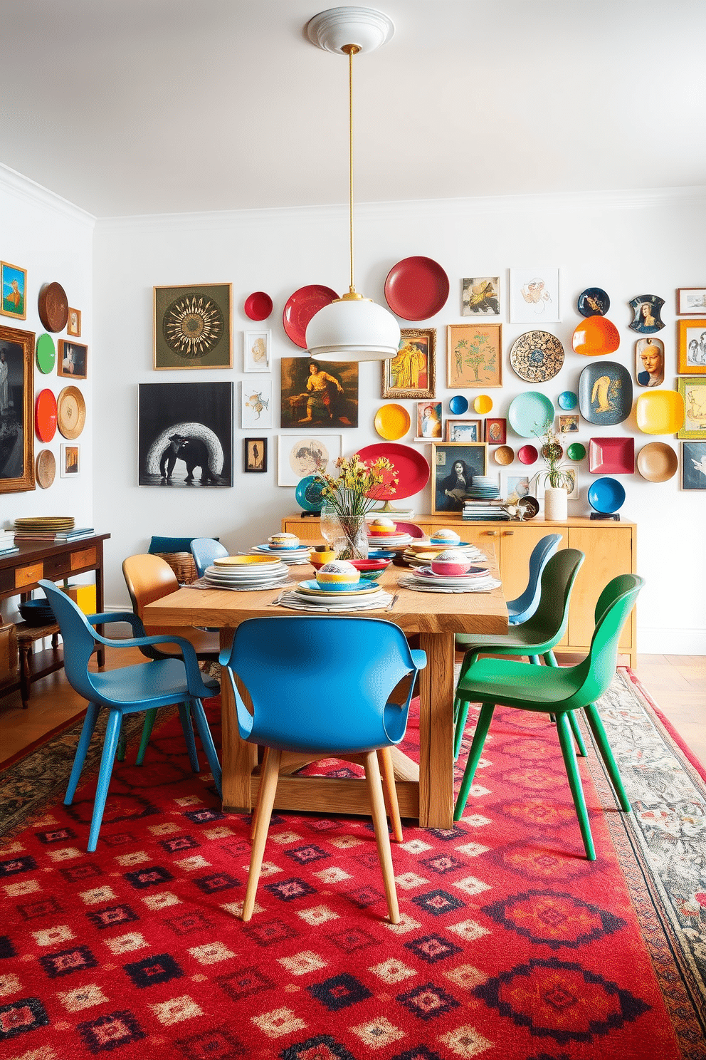 A vibrant dining room featuring a natural wood table surrounded by mismatched colorful dishes and eclectic chairs. The walls are adorned with an array of art pieces, and a bold patterned rug anchors the space, creating a warm and inviting atmosphere.