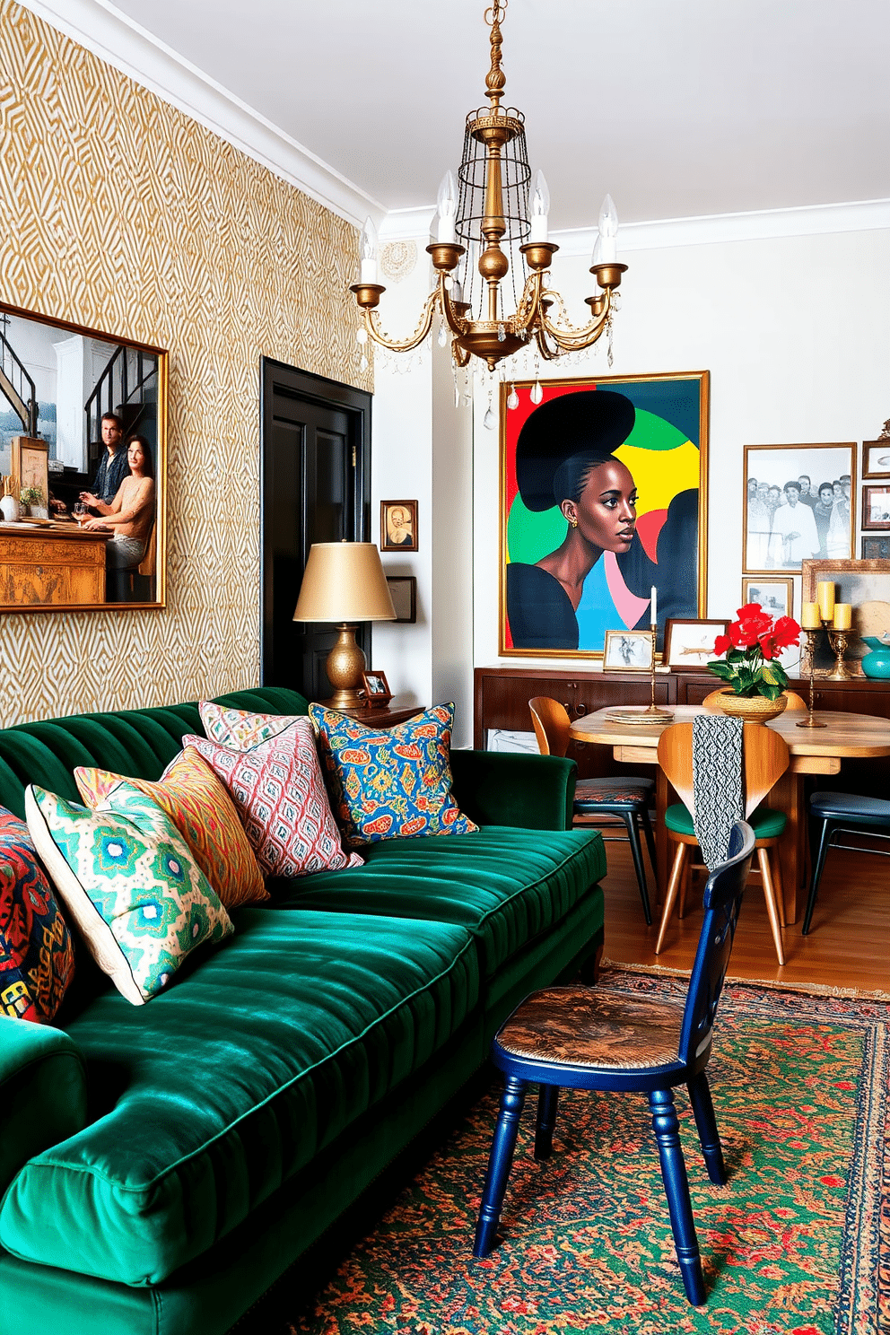 A bohemian space infused with art deco touches features a plush velvet sofa in deep emerald green, adorned with an array of colorful patterned throw pillows. The walls are decorated with geometric wallpaper in gold and white, while a vintage chandelier hangs above, casting a warm glow over the eclectic decor. An eclectic dining room showcases a mix of styles, with a rustic wooden table surrounded by mismatched chairs in vibrant hues. A bold, oversized painting hangs on one wall, complemented by a gallery of framed photographs and art pieces that reflect the homeowner's personality.