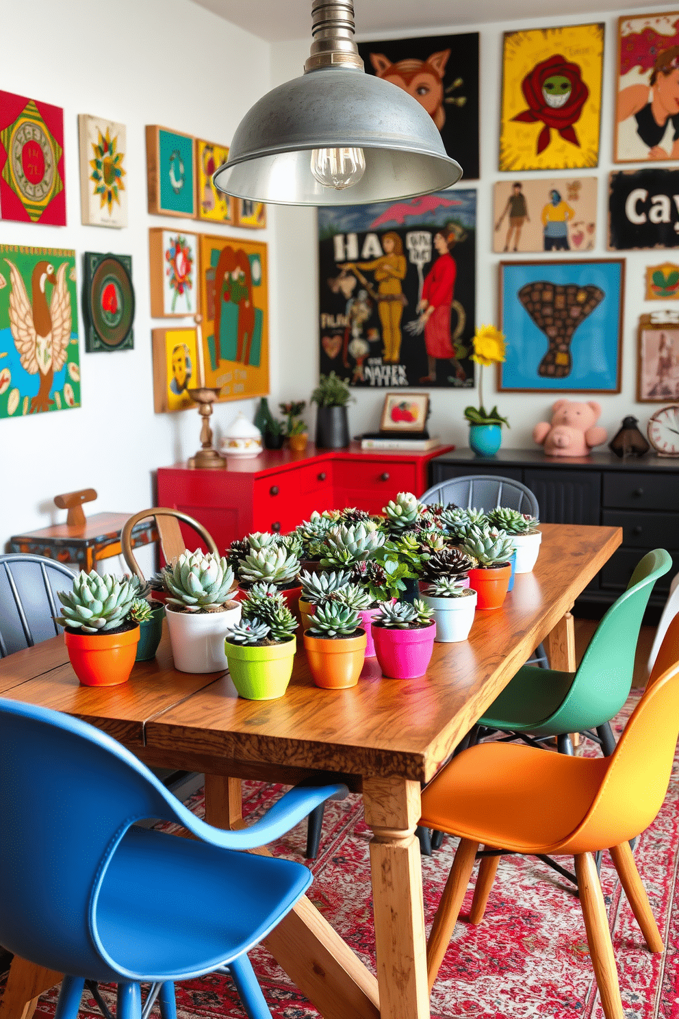 A vibrant dining table adorned with a variety of succulent arrangements in colorful pots, each uniquely shaped and textured. The table is set against a backdrop of eclectic wall art, featuring bold colors and mixed media pieces that reflect a playful and inviting atmosphere. The dining room showcases a blend of vintage and modern furniture, with mismatched chairs surrounding a rustic wooden table. A large pendant light with an industrial design hangs above, casting a warm glow over the space, while a patterned rug adds a cozy touch underfoot.