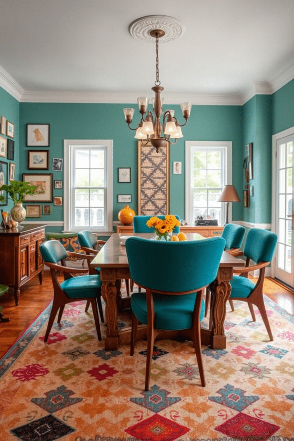 A vibrant dining room featuring mid-century modern chairs in rich teal upholstery, arranged around a traditional oak dining table with intricate carvings. The walls are adorned with an eclectic mix of art pieces, and a vintage chandelier hangs above, casting a warm glow over the space. A bold area rug with geometric patterns anchors the room, complementing the mix of textures from the chairs and table. Large windows allow natural light to flood in, highlighting the combination of modern and traditional elements in this inviting dining area.