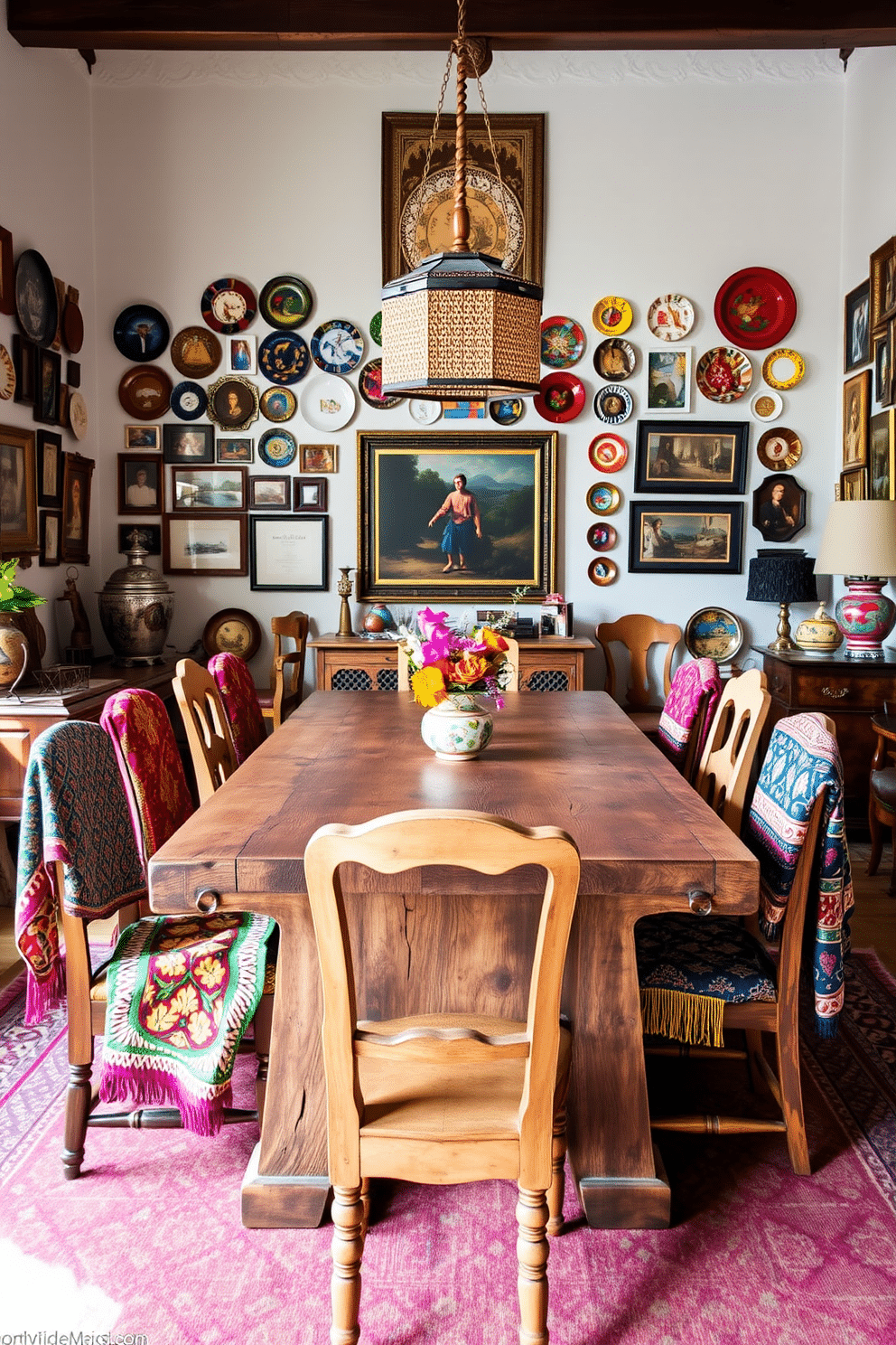 A vibrant dining room filled with a mix of global artifacts and decor. The centerpiece is a large, rustic wooden table surrounded by mismatched chairs from various cultures, each telling its own story. Colorful textiles drape across the chairs, featuring patterns inspired by Moroccan and Indian designs. On the walls, an array of framed artwork and decorative plates from around the world create an inviting and eclectic atmosphere.