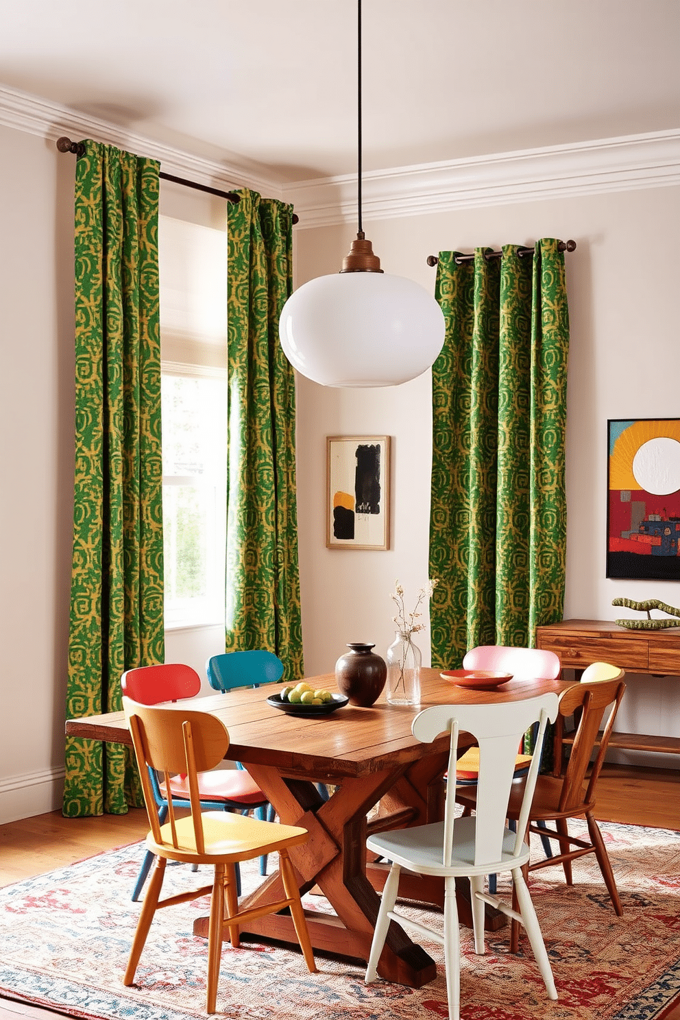 Brightly colored curtains drape elegantly in a neutral-toned room, adding a vibrant contrast that enhances the overall aesthetic. The curtains feature bold patterns that playfully interact with the soft, subdued walls, creating a lively focal point. An eclectic dining room showcases a mix of styles and textures, featuring a rustic wooden table surrounded by mismatched chairs in various colors. Unique decor pieces, such as an oversized pendant light and an abstract art piece, contribute to the room's inviting and creative atmosphere.