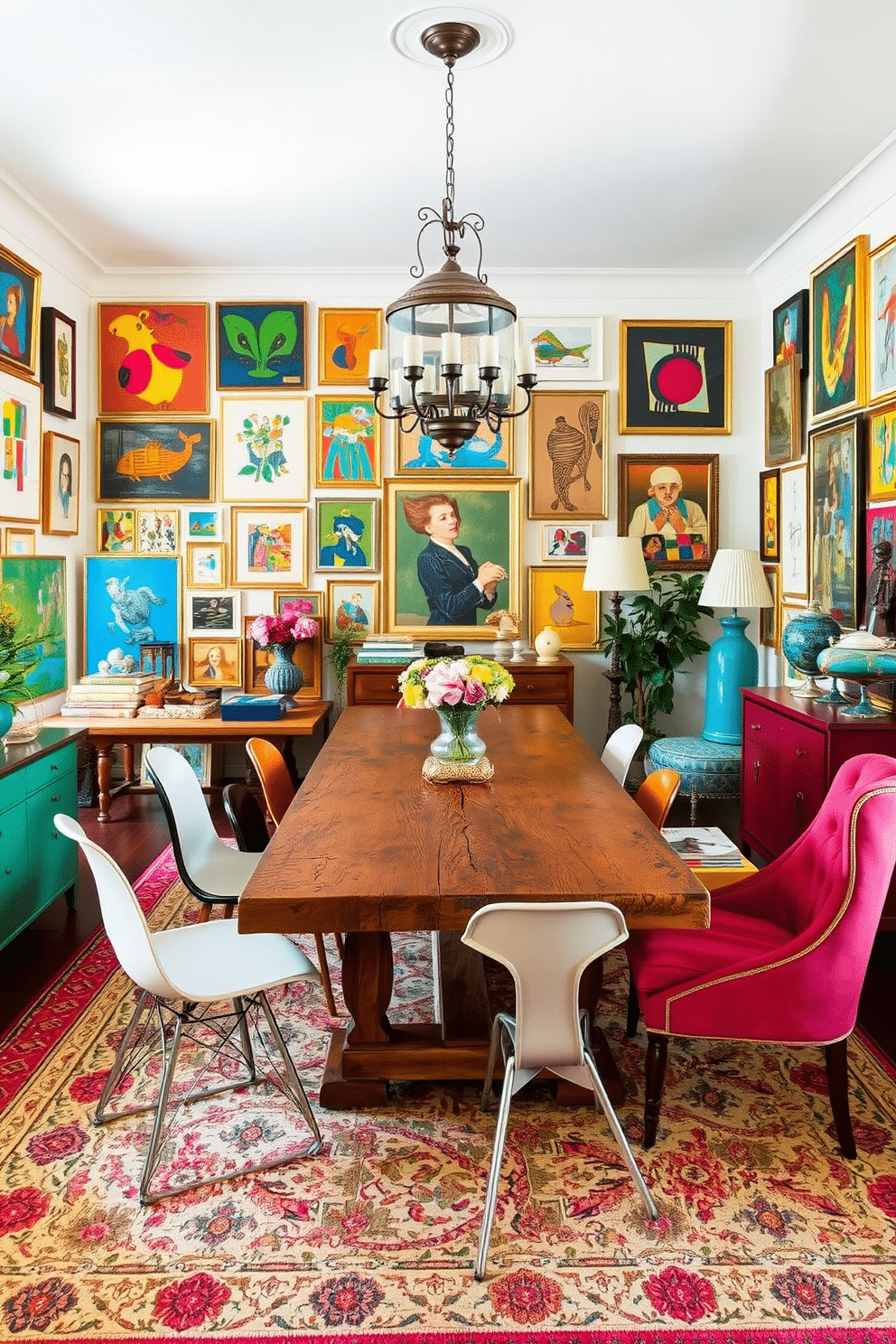 An eclectic dining room filled with a vibrant mix of vintage and contemporary furniture. A large, rustic wooden table is surrounded by mismatched chairs, including a sleek modern design and a classic upholstered piece. The walls are adorned with an array of colorful artwork, blending abstract and traditional styles. A vintage chandelier hangs above the table, casting a warm glow over the space, while a patterned area rug anchors the room.