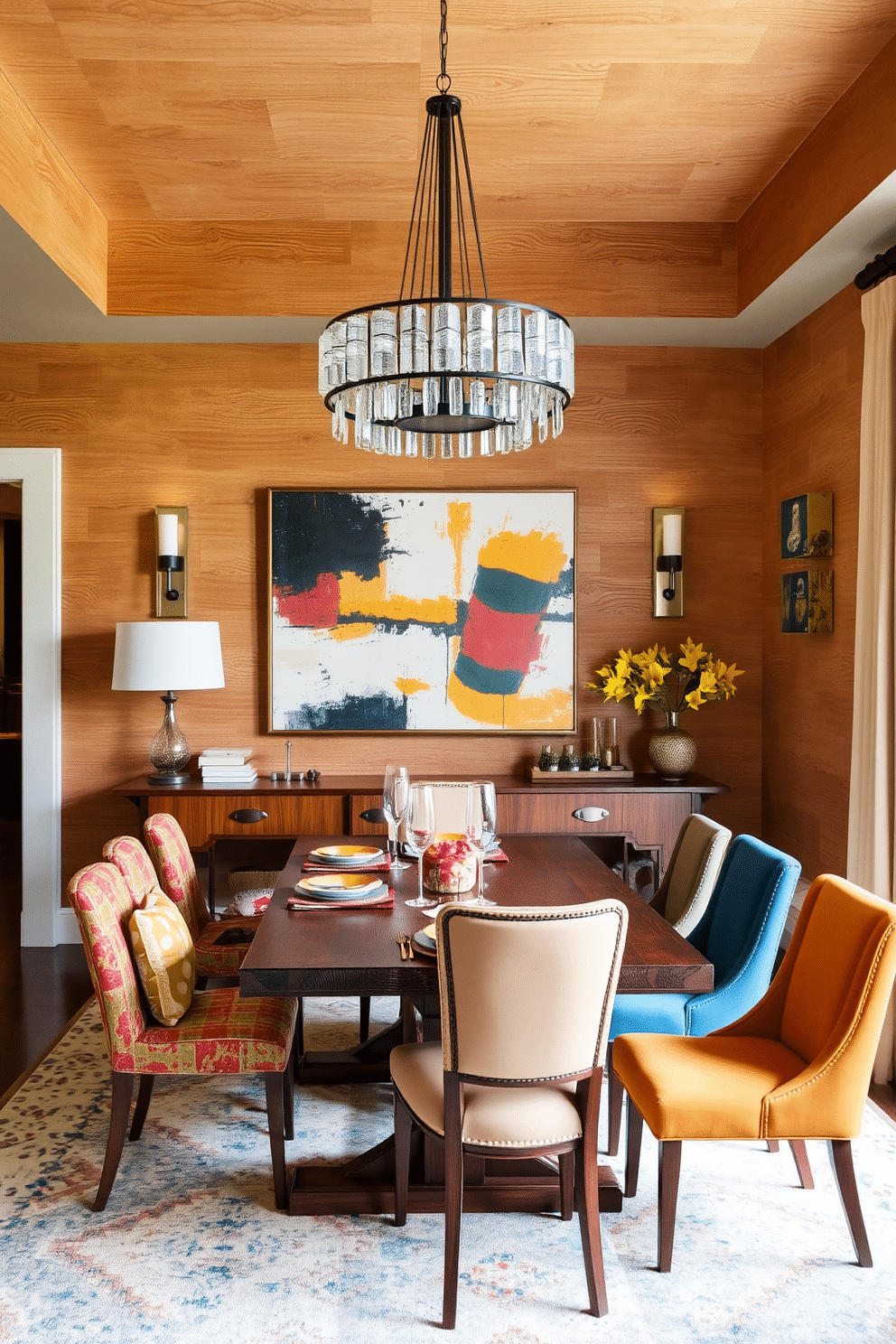 Textured wall panels in warm earth tones create a cozy backdrop for an eclectic dining room. A mix of modern and vintage furniture pieces, including a rustic wooden table and colorful upholstered chairs, invite a vibrant atmosphere. Layered lighting enhances the space, with a statement chandelier above the table and wall sconces illuminating the textured panels. Decorative elements like an oversized abstract painting and unique table settings add personality and charm to the room.