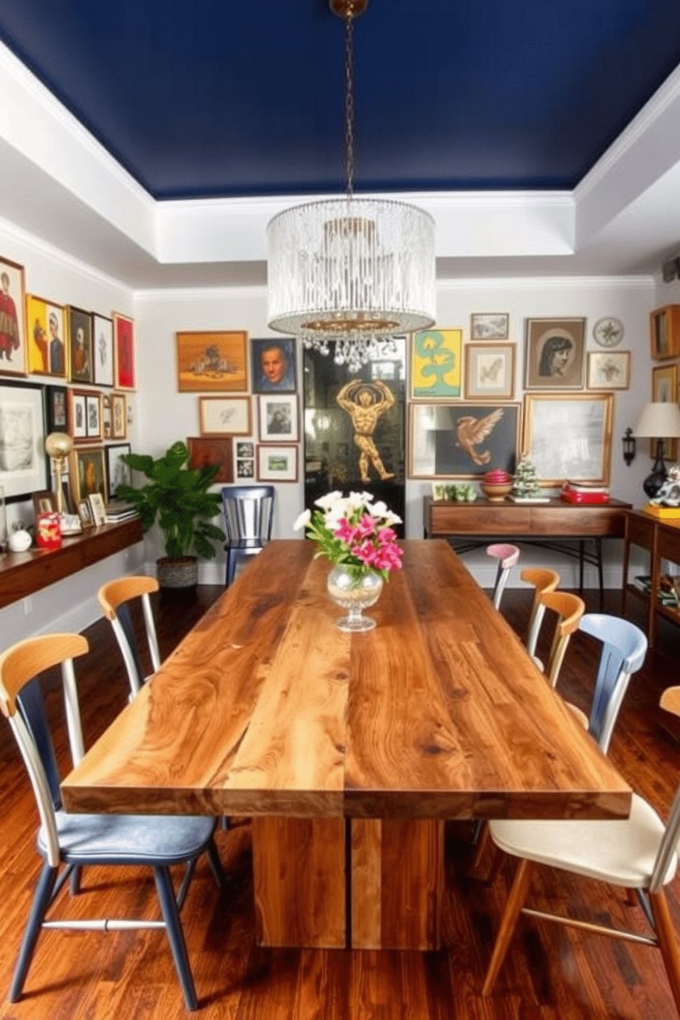 A vibrant dining room featuring a large reclaimed wood table surrounded by mismatched chairs, combining sleek modern lines with rustic charm. The walls are adorned with a gallery of eclectic artwork, and a statement chandelier hangs above the table, blending contemporary style with vintage flair.