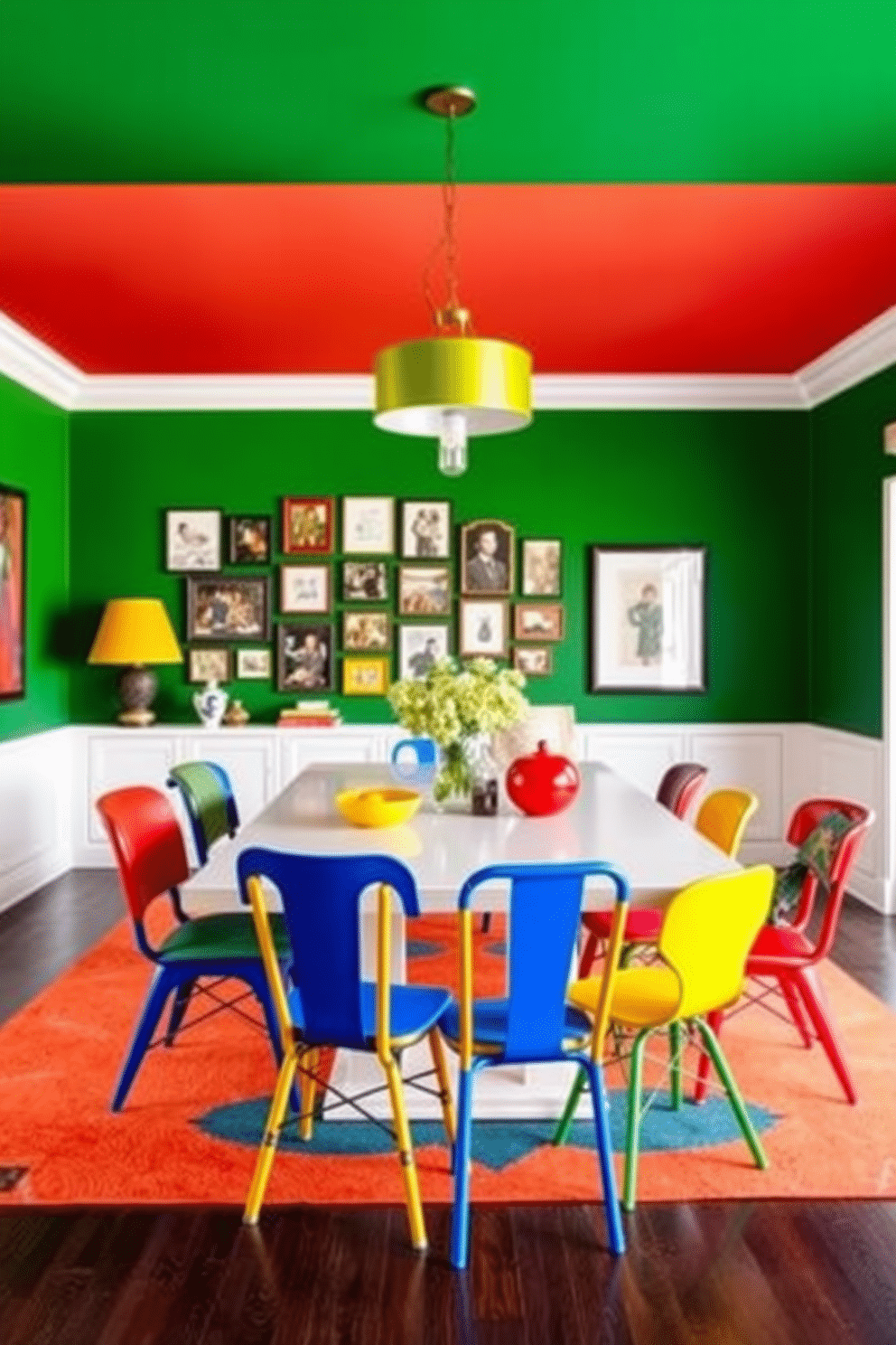 Bold color blocking creates a vibrant and dynamic atmosphere in the dining room. A large rectangular table is surrounded by mismatched chairs in bright hues like cobalt blue, sunny yellow, and deep red, while a statement chandelier in a contrasting color hangs above. The walls are painted in a rich emerald green, providing a dramatic backdrop for the colorful furnishings. A gallery wall featuring an eclectic mix of art pieces and framed photographs adds personality and visual interest to the space.