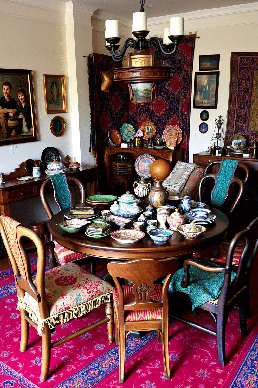 A vibrant dining room featuring unique tableware from different cultures, showcasing intricate patterns and colors. The centerpiece is a large, round wooden table adorned with an array of dishes, bowls, and utensils from various traditions, creating a visually stunning display. Surrounding the table are mismatched chairs, each with its own character, upholstered in rich fabrics that complement the eclectic theme. The walls are decorated with artwork and textiles that reflect diverse cultural influences, enhancing the room's inviting atmosphere.