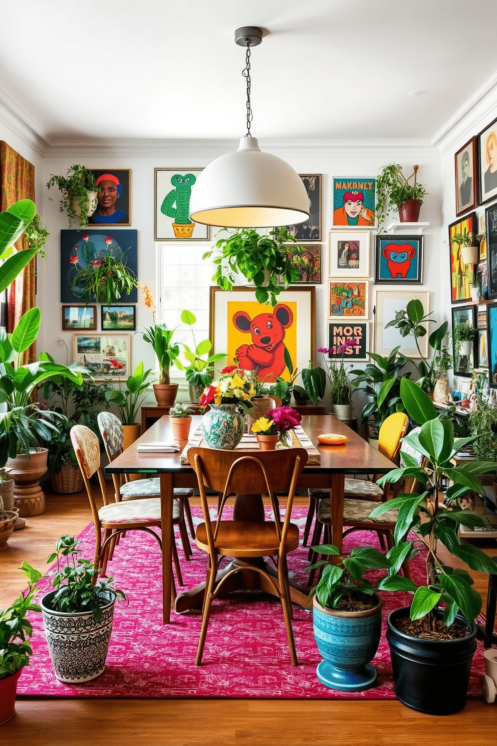 A vibrant eclectic dining room filled with an array of colorful plants, creating a fresh and lively atmosphere. The table is a mix of vintage and modern styles, surrounded by mismatched chairs that showcase unique patterns and textures. The walls are adorned with an eclectic gallery of art, featuring bold colors and diverse styles that reflect the homeowner's personality. A large pendant light hangs above the table, casting a warm glow over the lively space, while potted plants in various sizes add a touch of nature and freshness.