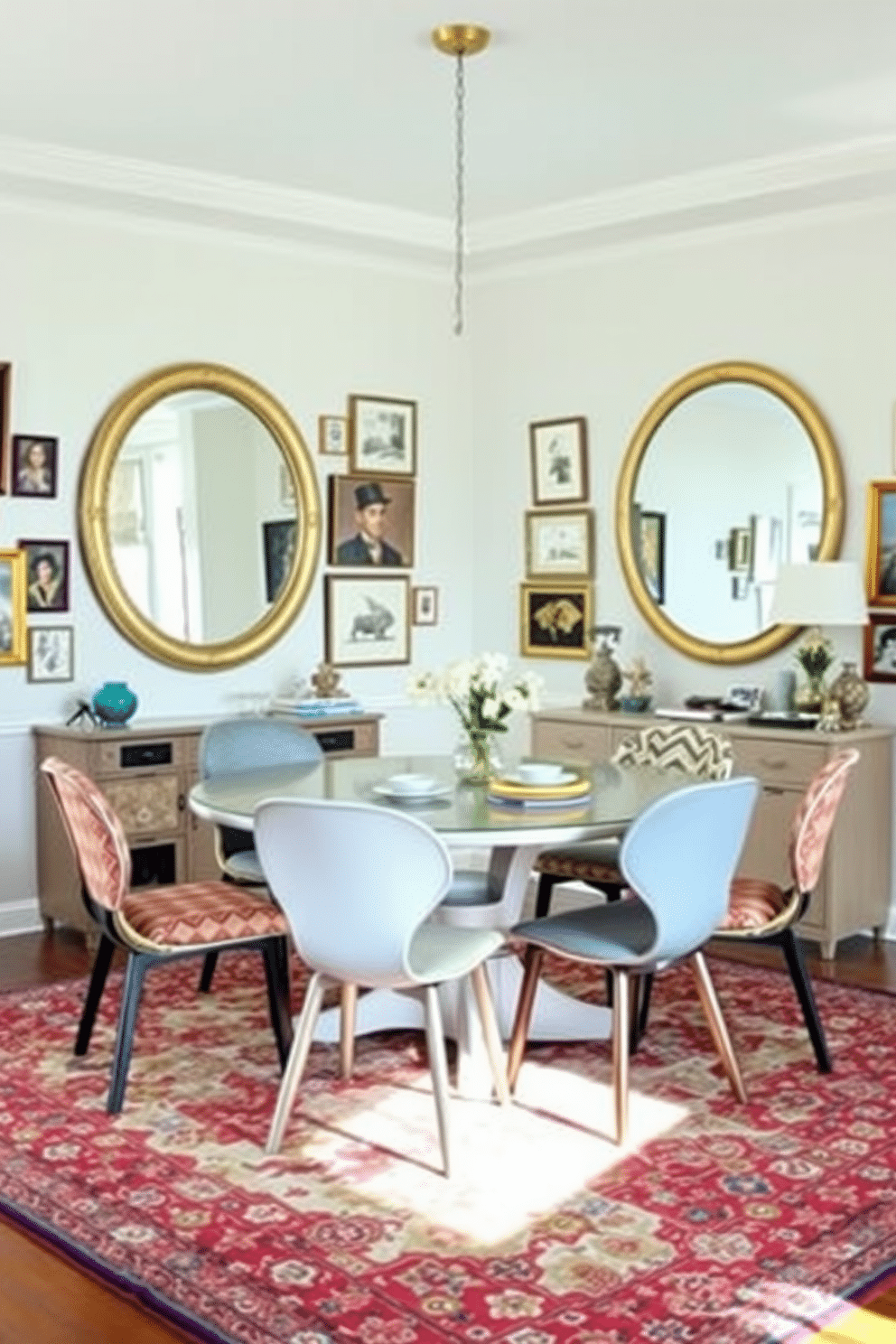 A bright and airy dining room features a large round table surrounded by mismatched chairs, each showcasing unique patterns and colors. Two oversized mirrors are mounted on the walls, reflecting natural light and creating an illusion of a more spacious environment. The walls are adorned with an eclectic mix of artwork, ranging from modern prints to vintage frames, adding character and warmth to the space. A vibrant area rug anchors the room, complementing the varied textures and styles of the furniture while providing a cozy atmosphere.