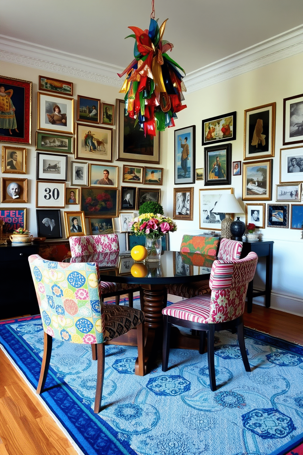 An eclectic dining room filled with vibrant textiles and bold patterns. The table is surrounded by mismatched chairs upholstered in various fabrics, showcasing geometric, floral, and striped designs. Above the table, a striking chandelier made of colorful glass hangs, casting playful shadows on the walls. The walls are adorned with an array of artwork in different styles and frames, creating a gallery-like atmosphere.