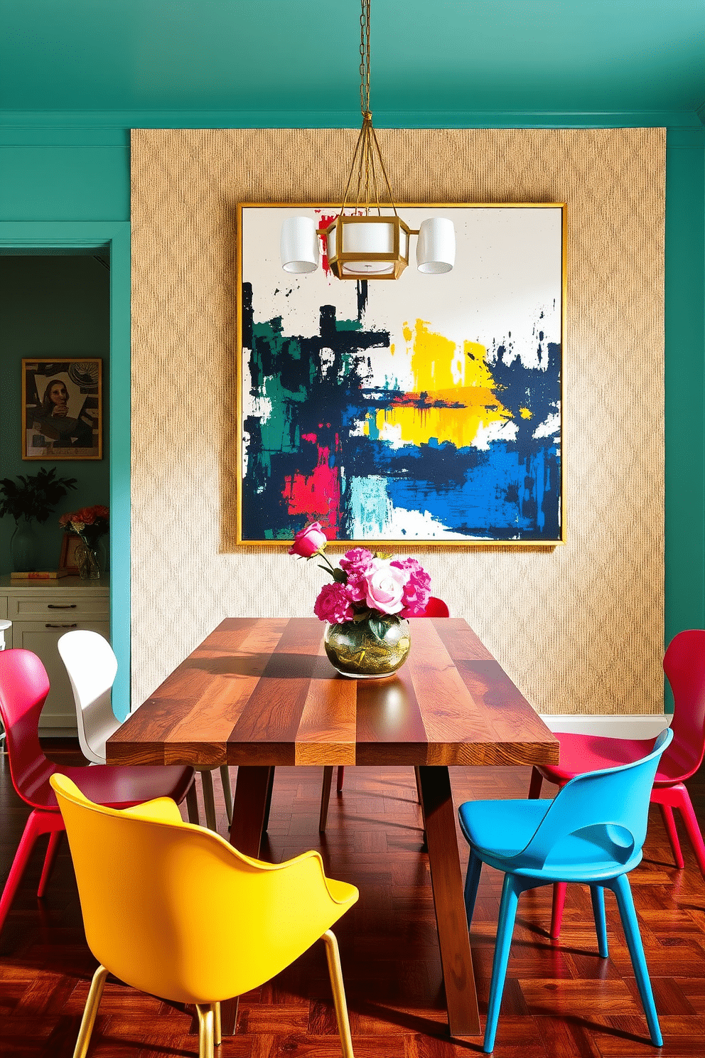 A vibrant eclectic dining room features a large, statement art piece as the focal point, hung prominently on a textured accent wall. The dining table is a mix of materials, with a reclaimed wood top and sleek metal legs, surrounded by mismatched chairs in bold colors and patterns.