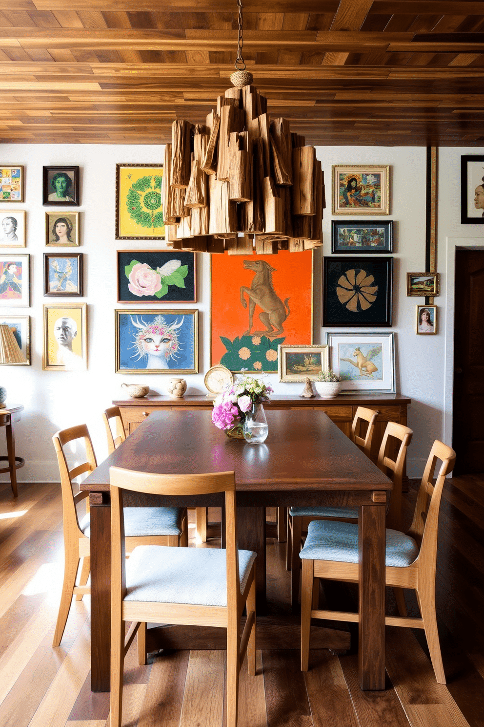 A beautifully eclectic dining room features a mix of various wood finishes, including a rich walnut dining table paired with light oak chairs. The walls are adorned with an array of vibrant artwork, and a statement chandelier made of reclaimed wood hangs above the table, adding warmth and character to the space.