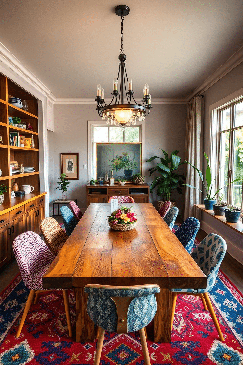 A vibrant dining room features a mix of textures and colors, showcasing a large reclaimed wood table surrounded by mismatched chairs in bold patterns. Built-in shelves line one wall, displaying an array of eclectic decor items and plants, adding personality and warmth to the space. The room is illuminated by a striking chandelier that blends modern and vintage styles, casting a warm glow over the dining area. A colorful area rug anchors the space, while large windows allow natural light to flood in, enhancing the inviting atmosphere.