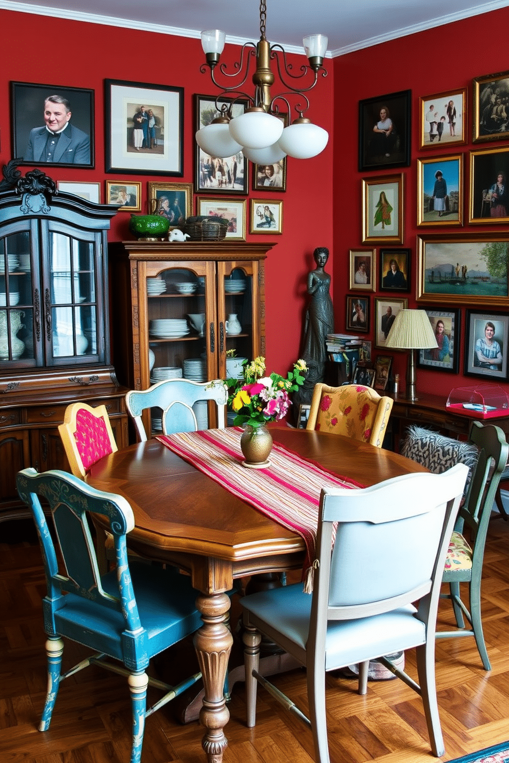 A vibrant dining room filled with eclectic charm. An ornate wooden table is surrounded by mismatched chairs, each showcasing unique patterns and colors. Family heirlooms adorn the space, including a vintage china cabinet filled with cherished dishes and a handwoven table runner passed down through generations. The walls are painted in a warm terracotta hue, complemented by an eye-catching gallery wall featuring family photographs and artwork from local artists.