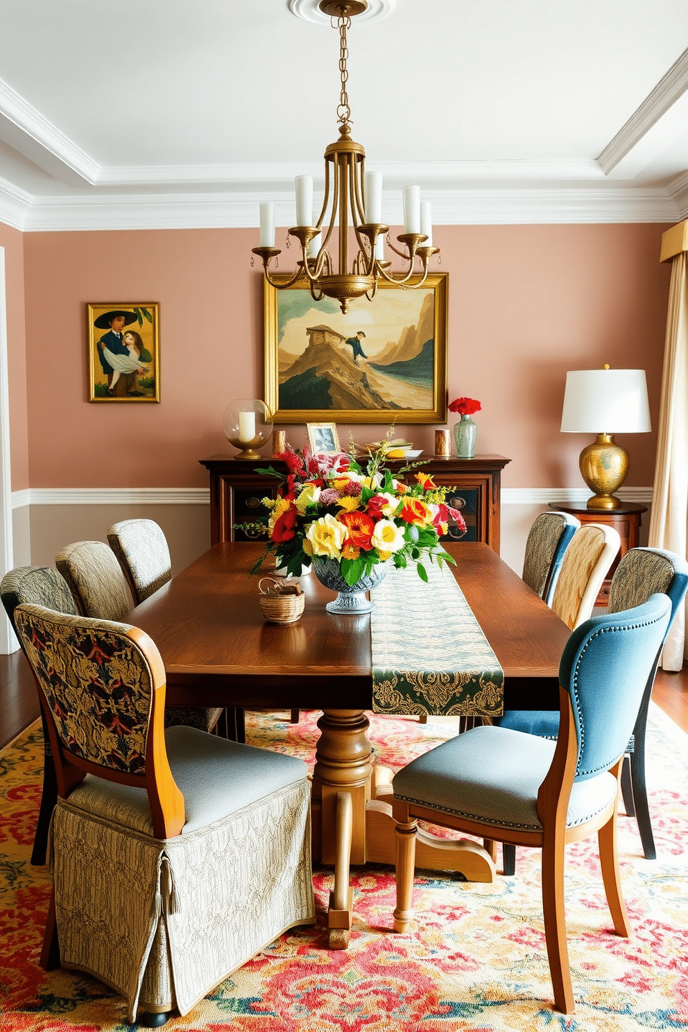 A vibrant dining room featuring a mix of textures and colors. The table is set with mismatched chairs, each showcasing unique patterns and finishes, while a bold centerpiece of seasonal flowers adds a fresh touch. Incorporate seasonal decor changes to create a dynamic atmosphere. Swap out table runners and wall art to reflect the current season, enhancing the room's character and inviting warmth.