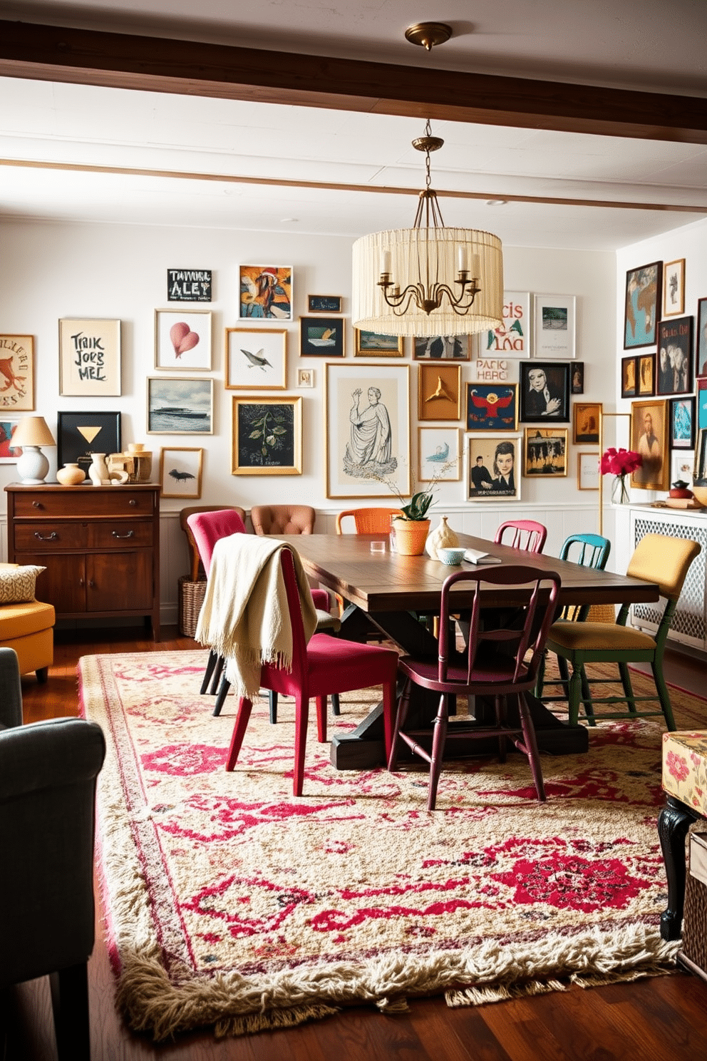 A cozy dining room filled with layered textiles, featuring a large, plush area rug that anchors the space. The dining chairs are upholstered in a mix of vibrant fabrics, while a soft throw is draped over the back of one chair for added warmth. An eclectic dining room design that combines various styles, showcasing a rustic wooden table surrounded by mismatched chairs in bold colors. The walls are adorned with an array of artwork, and a statement chandelier hangs above, creating a focal point in the lively atmosphere.