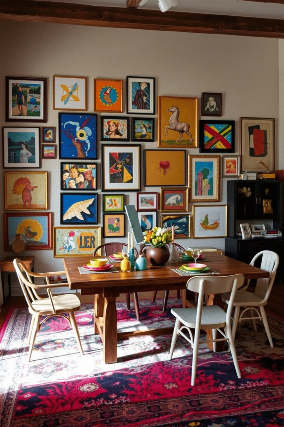 A gallery wall adorned with a variety of artwork, showcasing vibrant colors and different styles, creates a dynamic focal point in the room. The wall features framed pieces ranging from abstract paintings to photography, arranged in an eye-catching, asymmetrical layout. An eclectic dining room design that blends various textures and patterns, incorporating a rustic wooden table surrounded by mismatched chairs. The space is enhanced with colorful tableware and a bold area rug that ties together the diverse elements in the room.