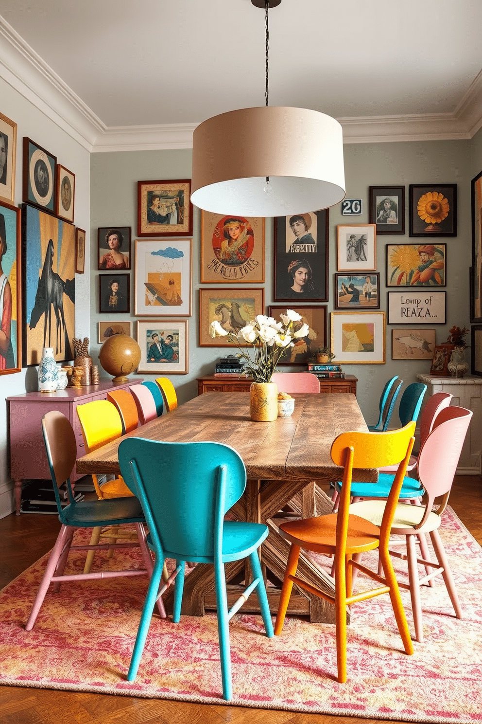 A vibrant dining room featuring an eclectic mix of mismatched dining chairs in various colors and patterns. The table is a rustic wooden piece, surrounded by chairs that showcase bold hues like teal, mustard, and coral, creating a playful and inviting atmosphere. The walls are adorned with an array of artwork, including abstract paintings and vintage prints, adding to the room's unique charm. A large pendant light hangs above the table, casting a warm glow over the space and enhancing the eclectic design.