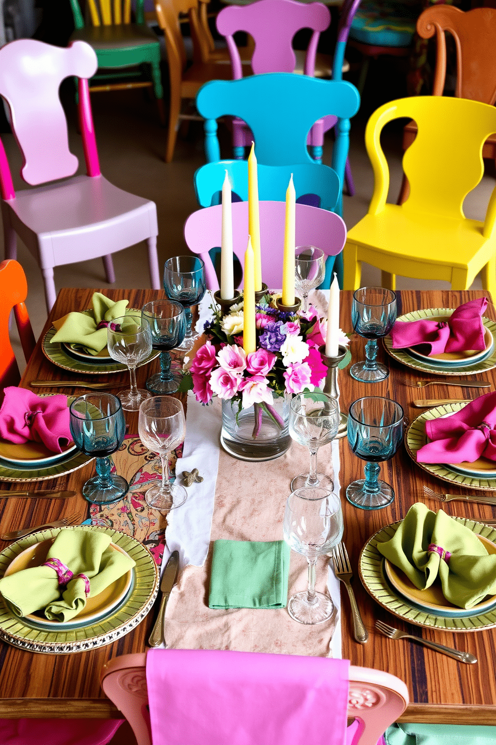 Eclectic table settings featuring a mix of vibrant colors and textures. The table is adorned with mismatched dinnerware, a variety of glassware, and an assortment of cloth napkins in different patterns. At the center, a unique centerpiece combines fresh flowers in an artistic vase with candles of varying heights. Surrounding the table, eclectic chairs in different styles and colors create a warm and inviting atmosphere.