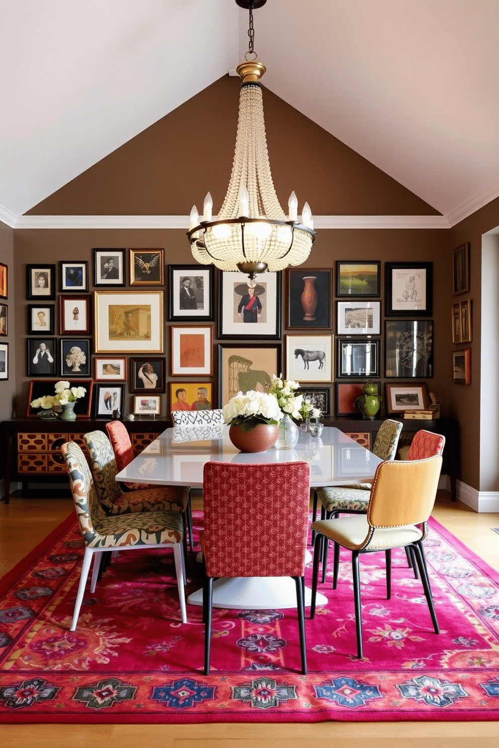 A stunning vintage chandelier hangs gracefully above a sleek contemporary dining table, casting a warm glow over the space. The table is surrounded by a mix of colorful chairs, each with unique patterns and textures, creating an inviting and eclectic atmosphere. The walls are adorned with a gallery of framed artwork that reflects a blend of modern and vintage styles. A vibrant area rug anchors the room, adding depth and comfort to the eclectic dining experience.