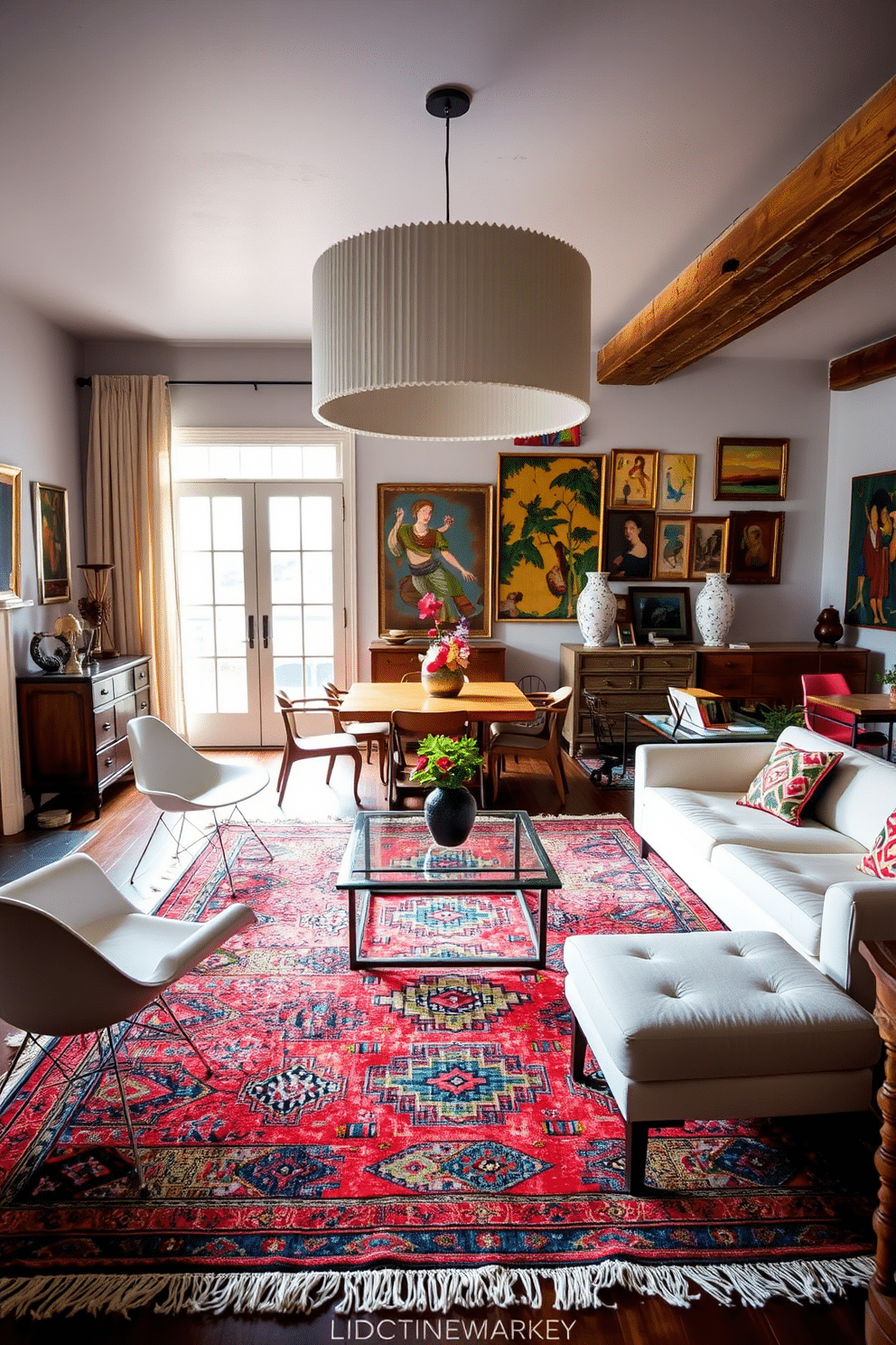 A Moroccan-inspired rug lies at the center of the room, its vibrant colors and intricate patterns contrasting beautifully with the sleek, modern furnishings. Surrounding it are minimalist chairs and a glass coffee table, creating a harmonious blend of traditional and contemporary design elements. The eclectic dining room features a mix of vintage and modern furniture, with a bold, oversized chandelier hanging above a rustic wooden table. Colorful artwork adorns the walls, and mismatched chairs provide a playful touch, inviting lively conversation and a warm atmosphere.