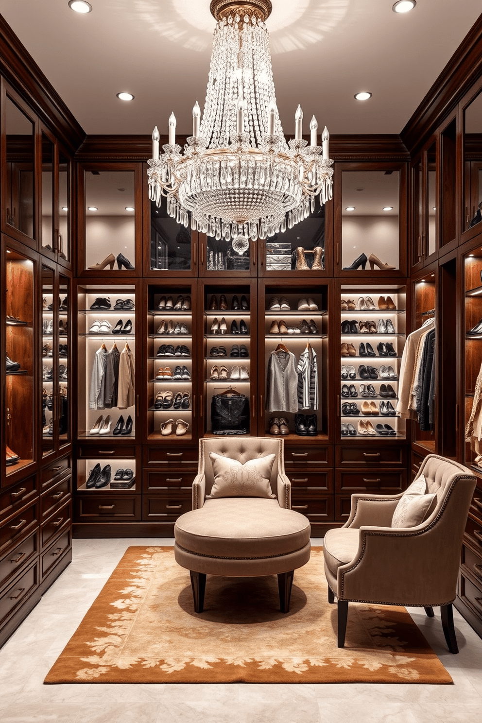 A luxurious walk-in closet design featuring a stunning crystal chandelier as the centerpiece. The space is adorned with rich wood cabinetry, elegant shoe displays, and plush seating, creating an inviting atmosphere for organizing and showcasing fashion.