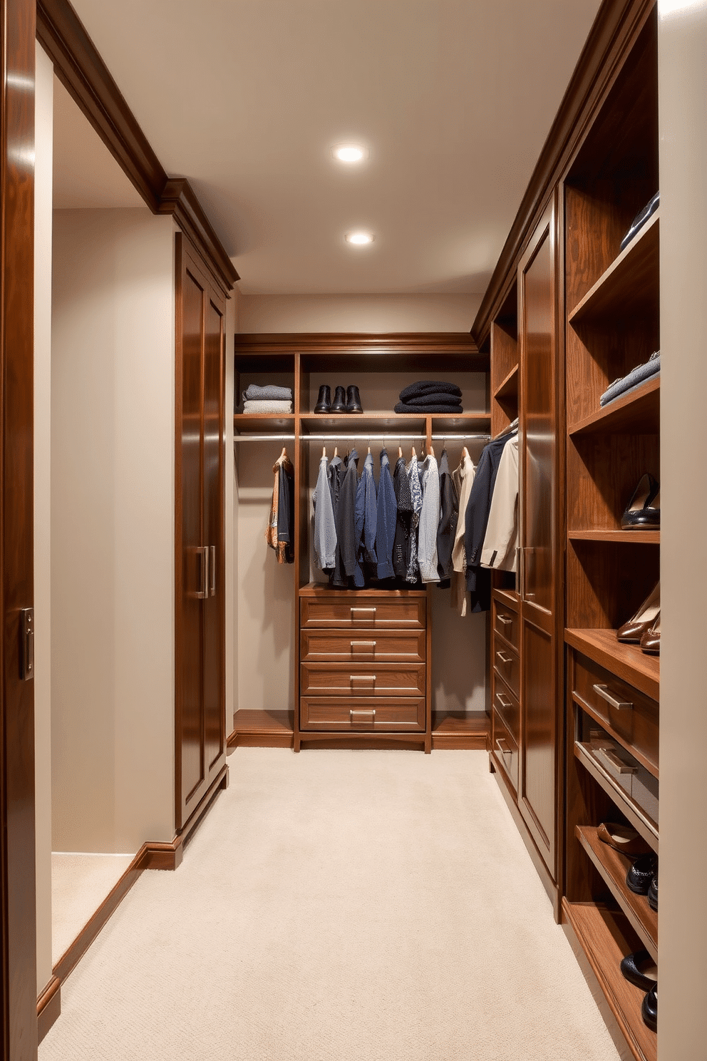 A neutral color palette creates a serene and timeless elegance in a walk-in closet. Soft beige walls complement rich wooden cabinetry, while plush carpeting underfoot adds warmth and comfort. The closet features custom shelving and hanging spaces, maximizing storage while maintaining a clean aesthetic. Elegant lighting fixtures illuminate the space, highlighting carefully curated accessories and shoes displayed on open shelves.