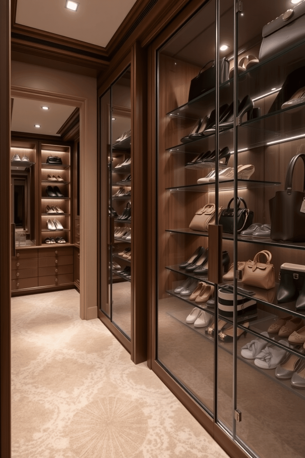 A luxurious walk-in closet featuring glass doors that elegantly showcase a curated collection of designer shoes and handbags. The space is adorned with soft ambient lighting, highlighting the rich textures of the custom cabinetry and plush carpeting.