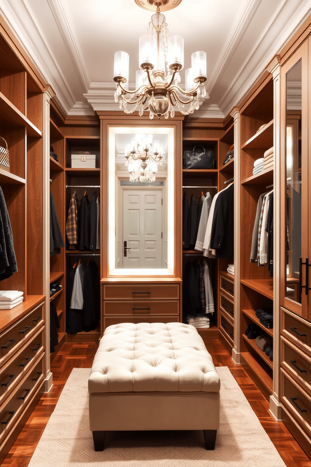 A luxurious walk-in closet features custom-built shelving and hanging spaces, adorned with crown molding for a polished finish. Soft, ambient lighting illuminates the space, highlighting a plush ottoman in the center and a full-length mirror against one wall. The closet is designed with a rich color palette, incorporating warm wood tones and elegant finishes. Accessories are neatly organized in stylish boxes, while a chic chandelier adds a touch of sophistication overhead.