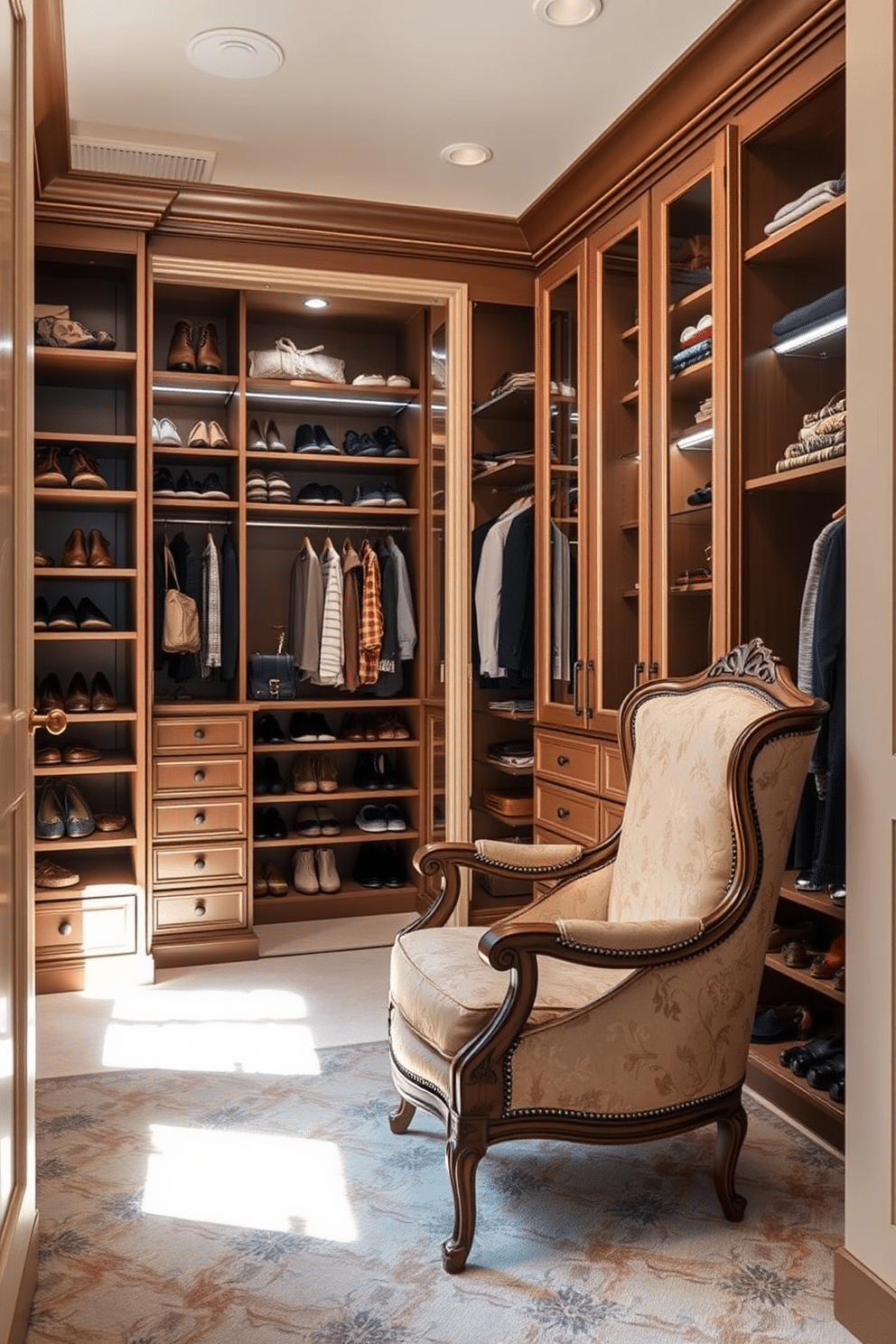 A vintage-inspired armchair with intricate woodwork and rich upholstery sits gracefully in the corner of a sunlit room. The chair features a high back, gently curved arms, and delicate floral patterns that evoke a sense of timeless elegance. An elegant walk-in closet showcases custom cabinetry with a blend of open shelving and closed storage. Soft LED lighting highlights the organized display of shoes, accessories, and clothing, creating a luxurious and inviting space.