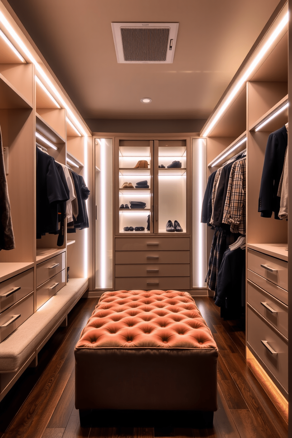 A luxurious walk-in closet featuring integrated lighting in sleek closet rods, illuminating the space with a warm glow. The design incorporates custom shelving and drawers, with a plush ottoman in the center for added comfort and style.