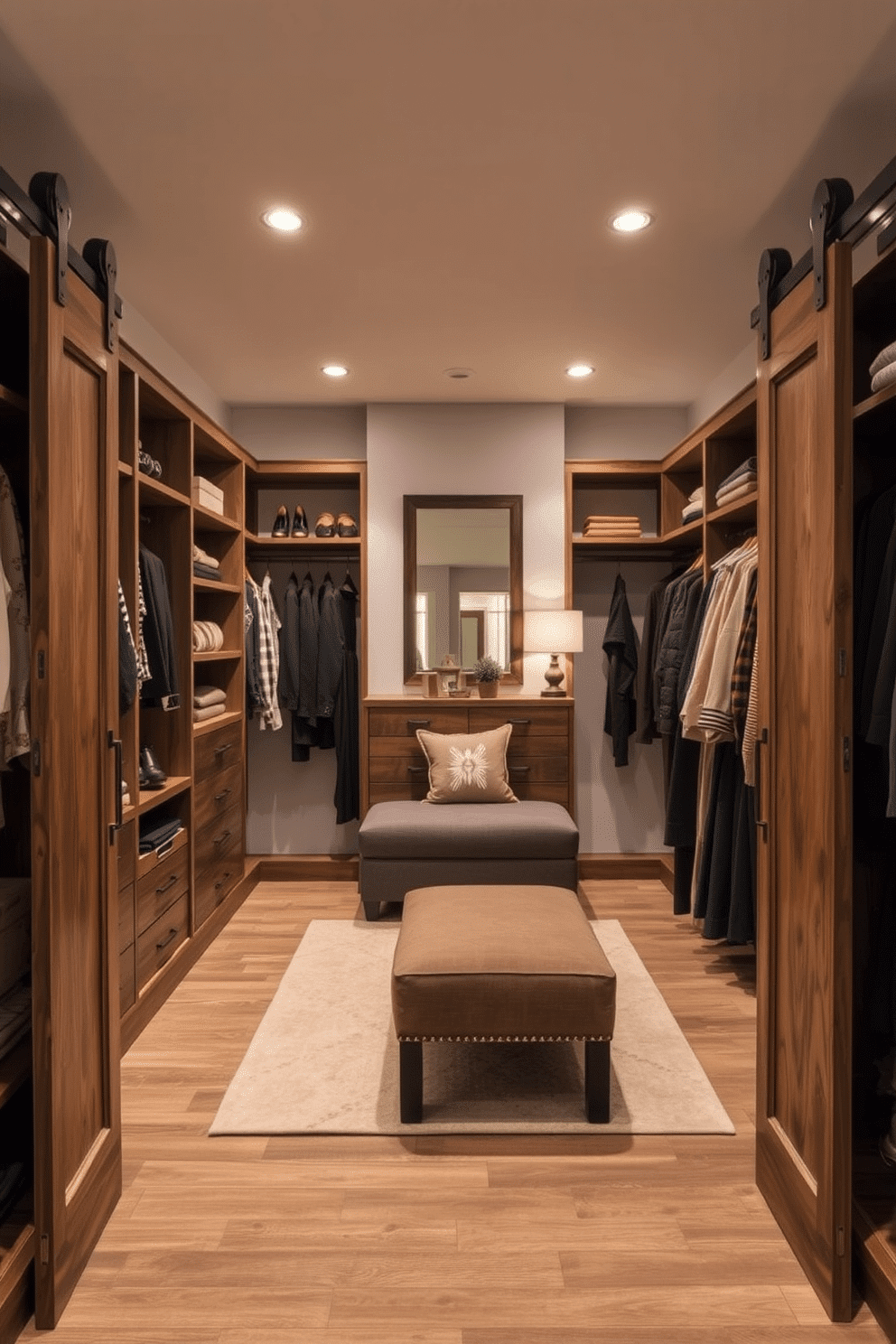 A stylish walk-in closet featuring sliding barn doors adds a rustic charm to the space. The interior is equipped with custom shelving, a plush seating area, and ample lighting to create an inviting atmosphere.