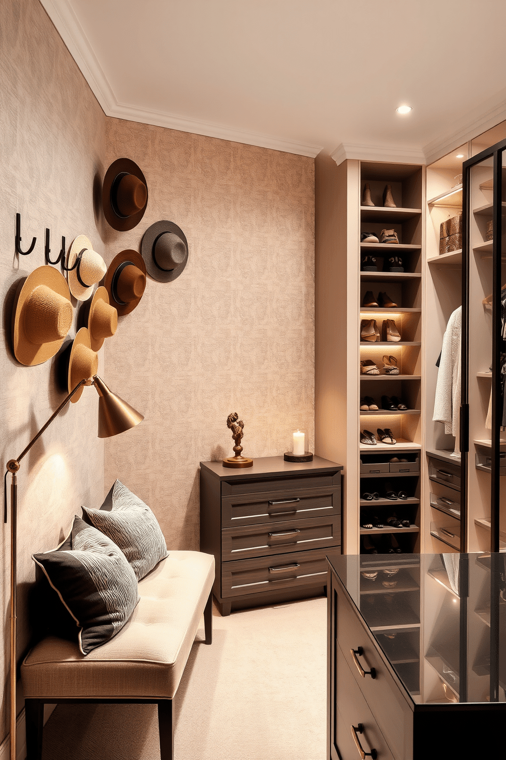 A stylish hat display features a series of elegant hooks mounted on a soft, textured wall, showcasing a variety of hats in neutral tones. Below, a plush bench with accent pillows invites relaxation, while a chic floor lamp adds warm lighting to the space. The walk-in closet boasts custom shelving that elegantly organizes shoes and accessories, complemented by a central island with drawers for jewelry and smaller items. Soft, ambient lighting highlights the luxurious finishes, while a full-length mirror reflects the impeccable design.