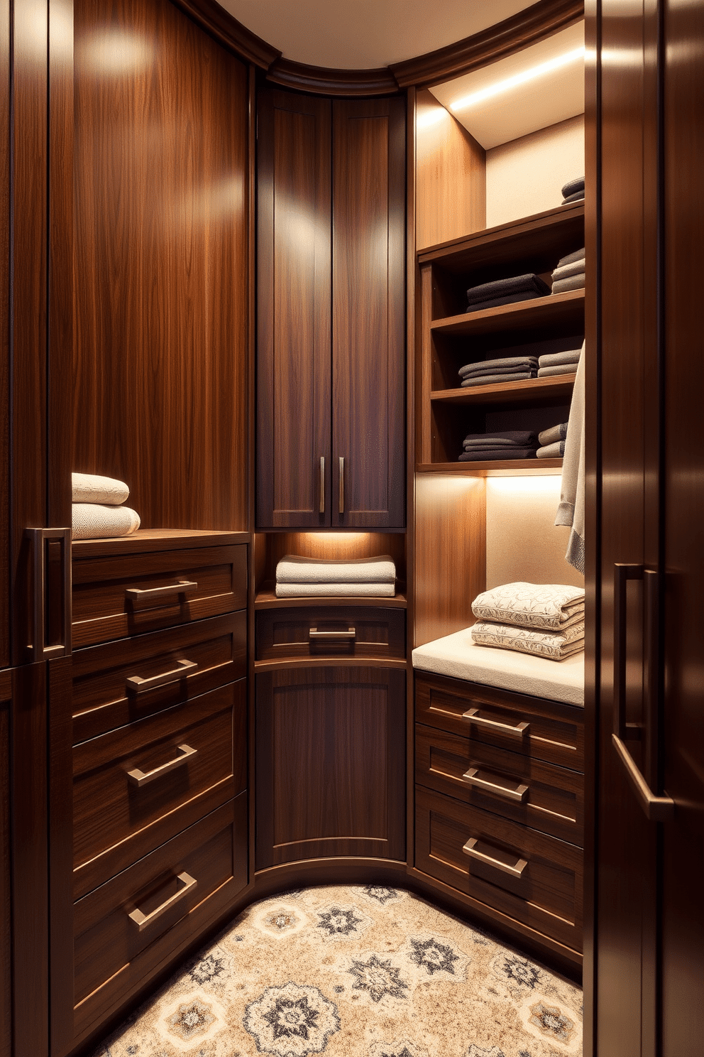 Custom cabinetry with soft close features creates a seamless and sophisticated storage solution. The rich wood tones are complemented by soft, ambient lighting that highlights the elegant design. Elegant walk-in closet design ideas incorporate spacious layouts that maximize organization and accessibility. Luxurious finishes, such as plush carpeting and stylish hardware, enhance the overall aesthetic while providing functionality.