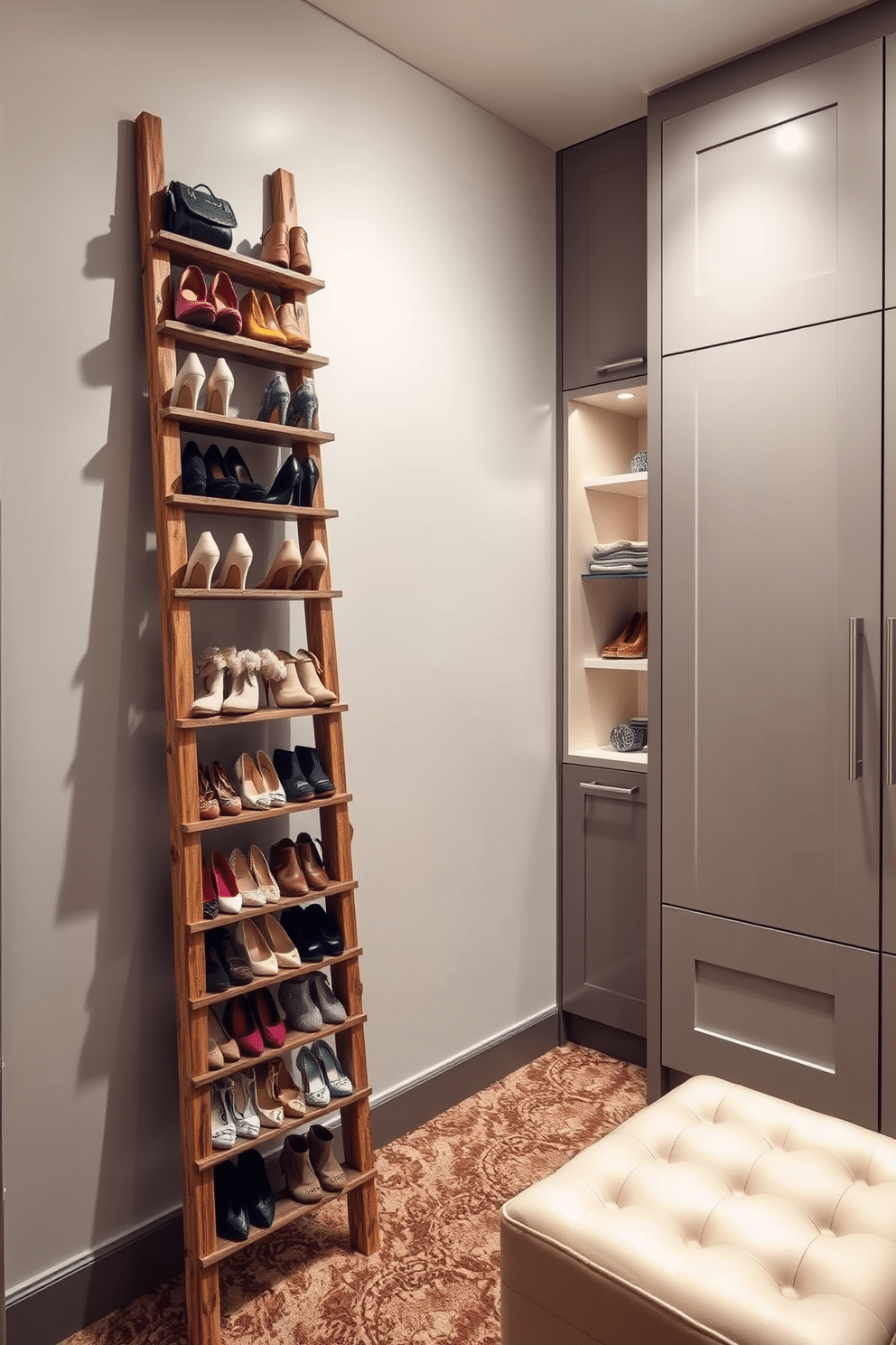 A decorative ladder leans against the wall, showcasing an array of stylish shoes arranged by color and design. The ladder is made of reclaimed wood, adding a rustic charm to the modern space. The walk-in closet features sleek cabinetry with integrated lighting, creating an inviting atmosphere. Plush carpeting and a chic ottoman provide comfort, while a full-length mirror enhances the sense of space and elegance.