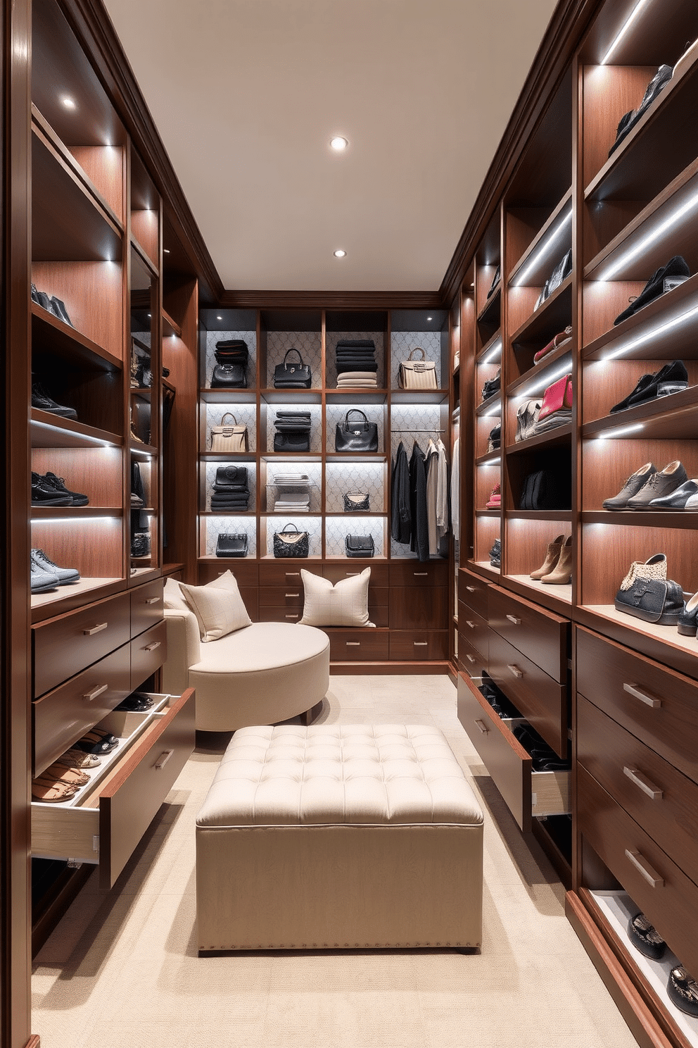 A luxurious walk-in closet featuring customized pull-out drawers for optimal organization. The space is illuminated by soft, recessed lighting, highlighting the rich wood finishes and elegant display of shoes and accessories. Incorporate a plush seating area with a chic ottoman, surrounded by well-organized shelving for handbags and folded garments. The walls are adorned with a soft, neutral wallpaper, creating a serene backdrop for this sophisticated storage solution.