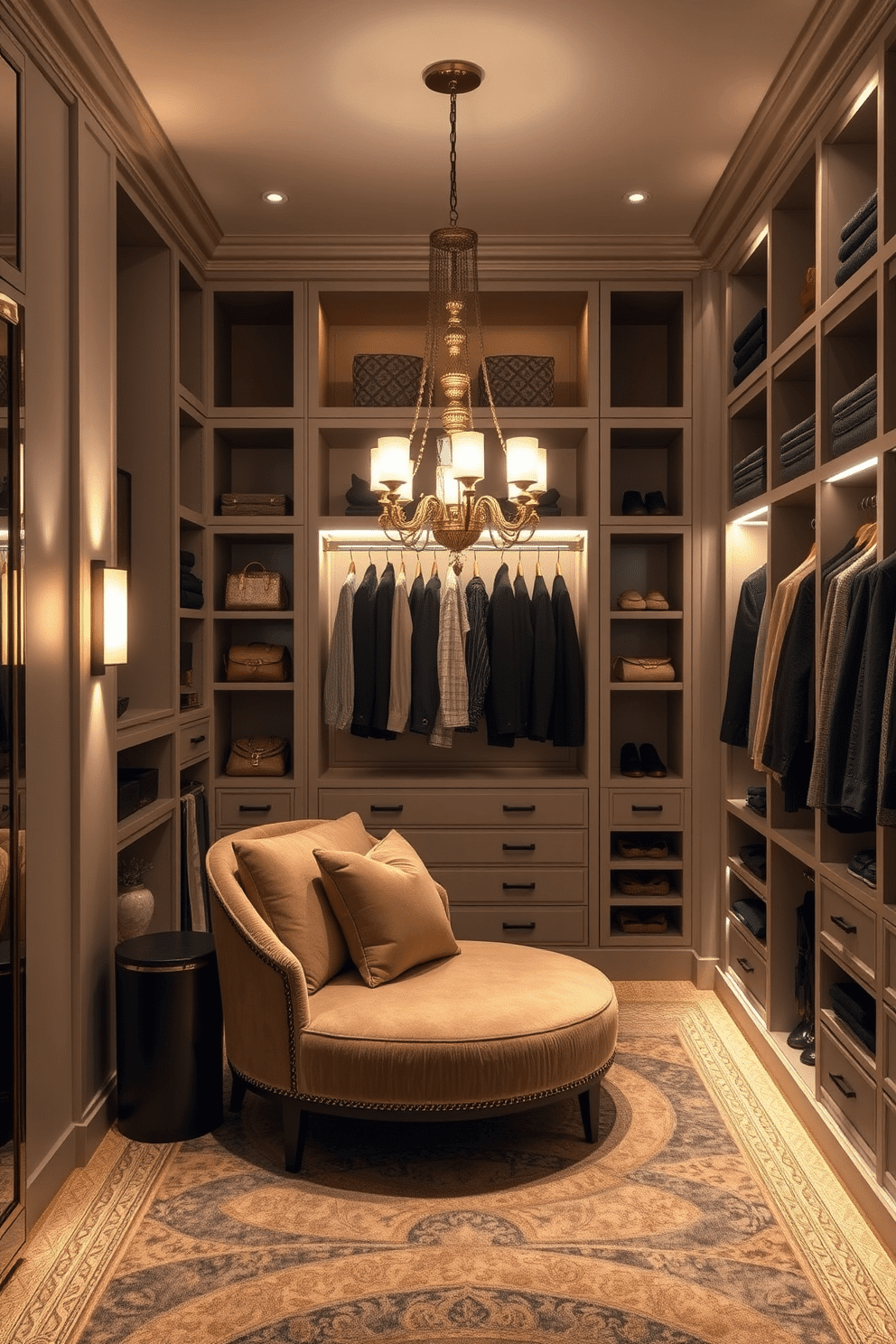 Mood lighting for a cozy atmosphere. Soft, warm light emanates from strategically placed sconces and a central pendant, creating an inviting glow throughout the room. Elegant walk-in closet design ideas. The space features custom shelving and hanging areas, accented by a plush seating nook and a chic chandelier to enhance the luxurious feel.