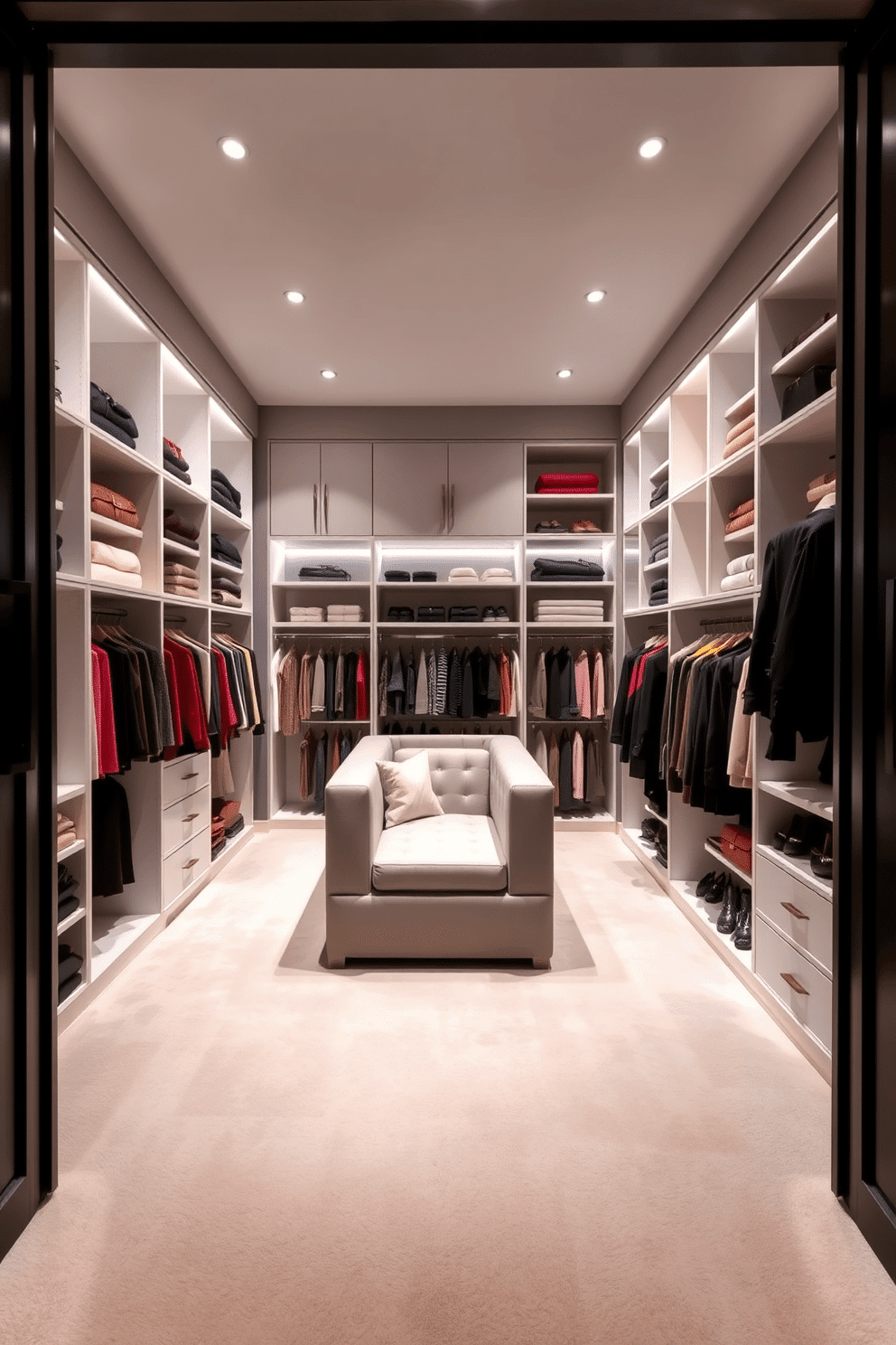 A luxurious walk-in closet featuring a color-coordinated clothing organization system. The walls are adorned with soft gray tones, and the floor is covered in a plush, light-colored carpet. Sleek, custom-built shelving units display neatly arranged garments in varying shades, creating a visually appealing gradient. A chic island in the center offers additional storage and a plush seating area, enhancing the overall elegance of the space.