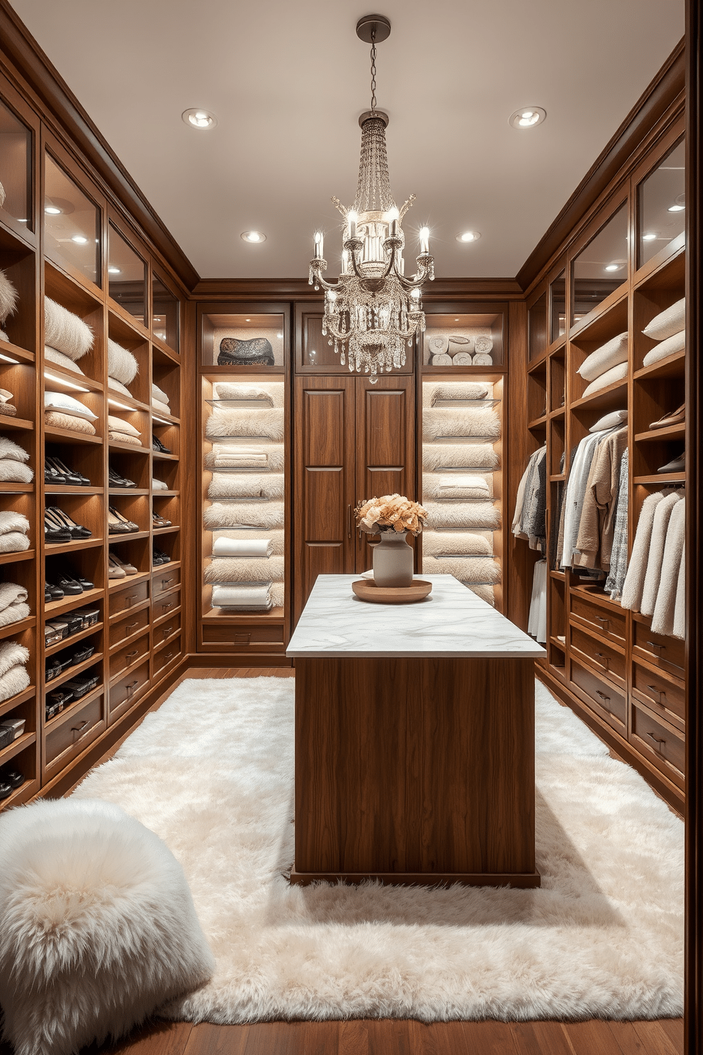 A luxurious walk-in closet featuring soft faux fur accents throughout the space. The plush rugs and throw pillows in shades of cream and taupe create a cozy atmosphere, while elegant lighting fixtures add a touch of sophistication. The closet is designed with custom cabinetry in a rich wood finish, showcasing ample storage for shoes and accessories. A large central island with a marble top provides additional space for folding and organizing clothing, enhancing both functionality and style.