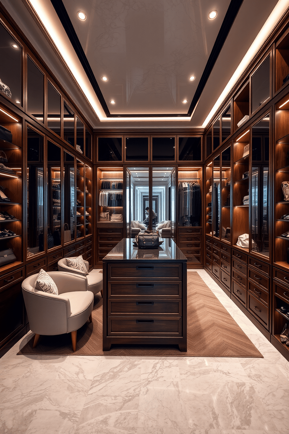 A luxurious walk-in closet featuring elegant marble flooring that exudes sophistication. The space is designed with custom wooden shelving, plush seating, and soft ambient lighting to create a serene atmosphere. The closet includes a central island with drawers for accessories, surrounded by organized sections for shoes and handbags. Floor-to-ceiling mirrors reflect the elegant decor, enhancing the sense of space and style.