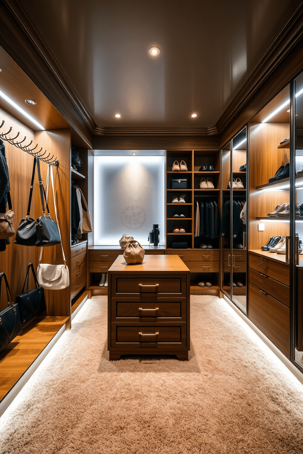 A luxurious walk-in closet featuring functional hooks for bags and accessories. The space is illuminated by soft LED lighting, highlighting the rich wood cabinetry and plush carpet underfoot. The design includes a central island with drawers for jewelry and accessories, surrounded by custom shelving for shoes and handbags. Elegant mirrors line one wall, enhancing the sense of openness and sophistication in the closet.