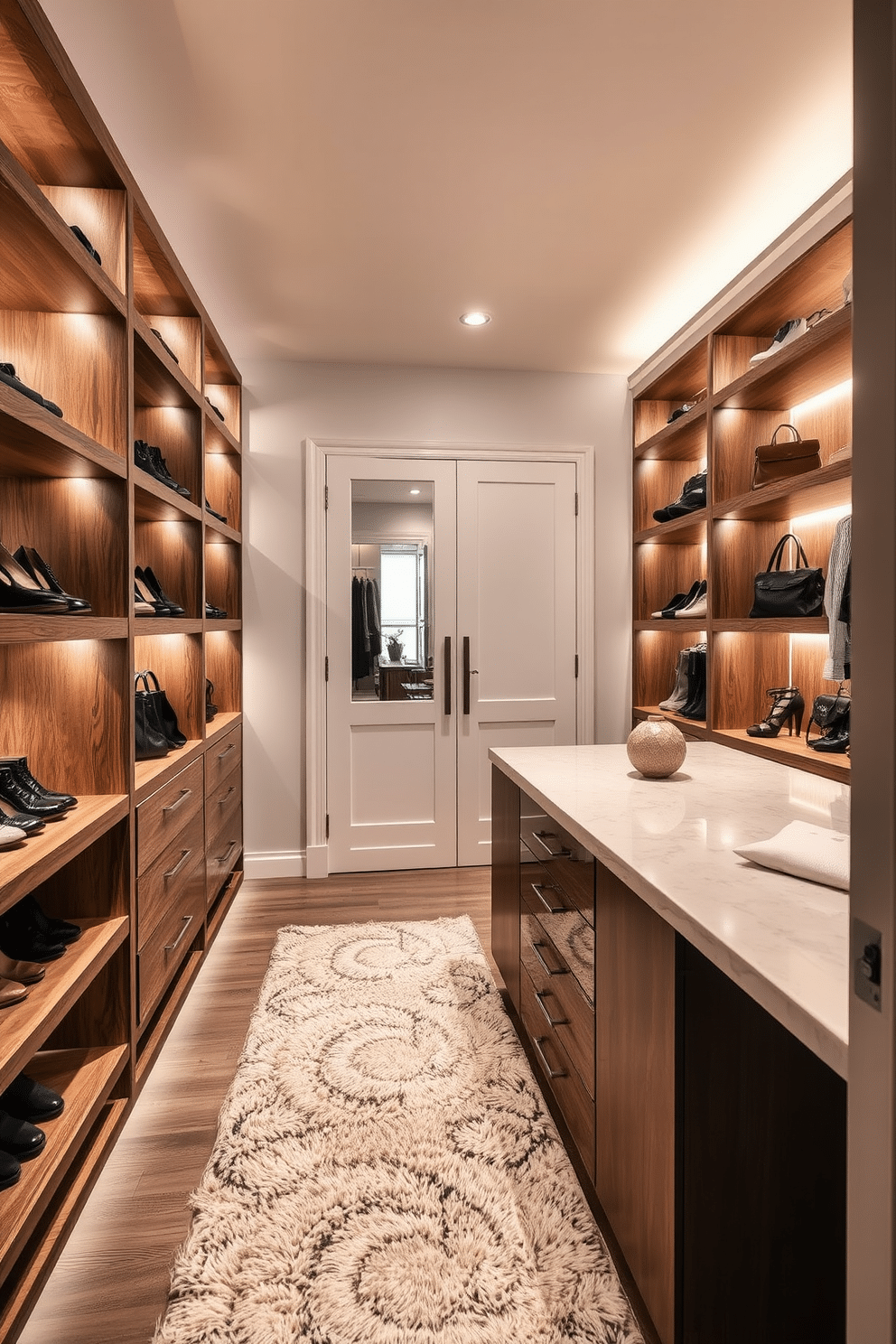 Open shelving for easy access display. The shelves are made of reclaimed wood, showcasing a curated collection of shoes and handbags. Elegant walk-in closet design ideas. The space features soft lighting, a plush area rug, and a central island with drawers for accessories, creating a luxurious and organized environment.