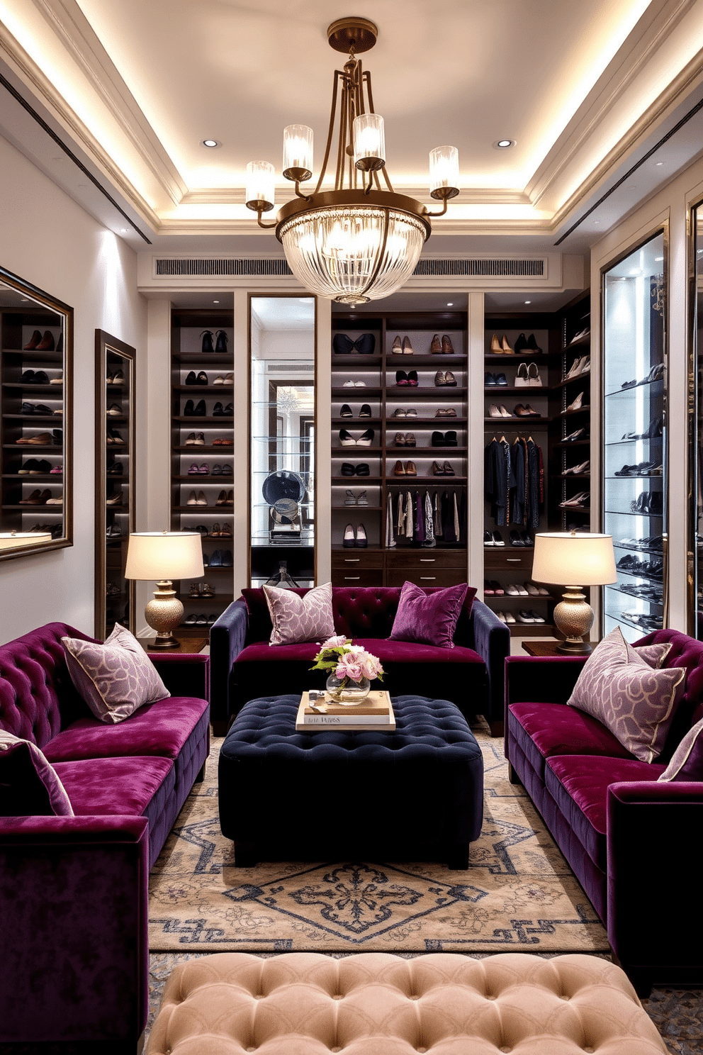 A cozy seating area featuring plush velvet sofas in deep jewel tones, complemented by soft, oversized cushions. A chic coffee table sits at the center, surrounded by ambient lighting from stylish floor lamps and a statement chandelier above. A luxurious walk-in closet designed with custom shelving and hanging space, showcasing an organized display of shoes and accessories. The walls are adorned with elegant mirrors, and a plush ottoman provides a comfortable spot for dressing.